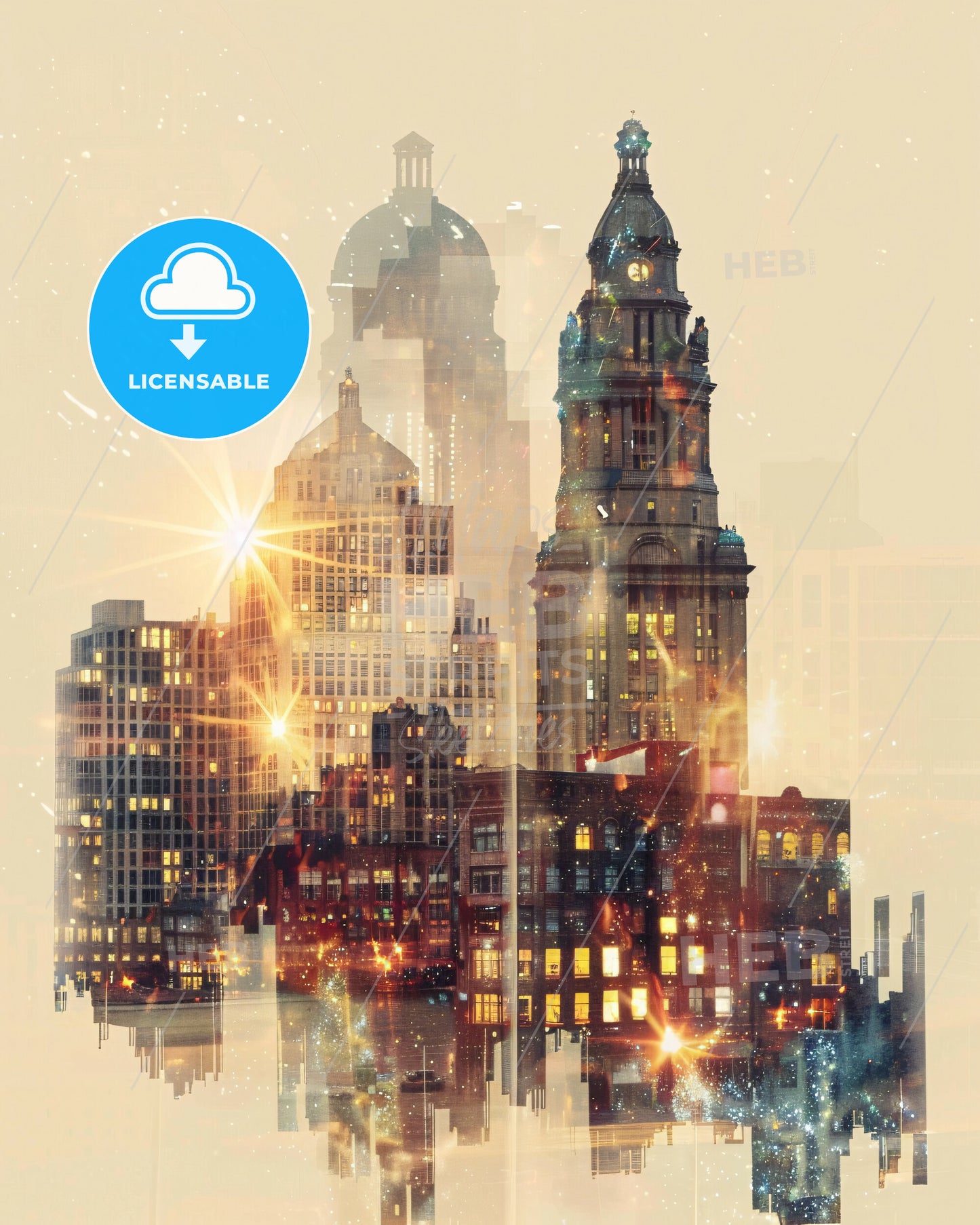 Davenport Cityscape Art: Double Exposure Skyline Panorama - A city skyline with many buildings