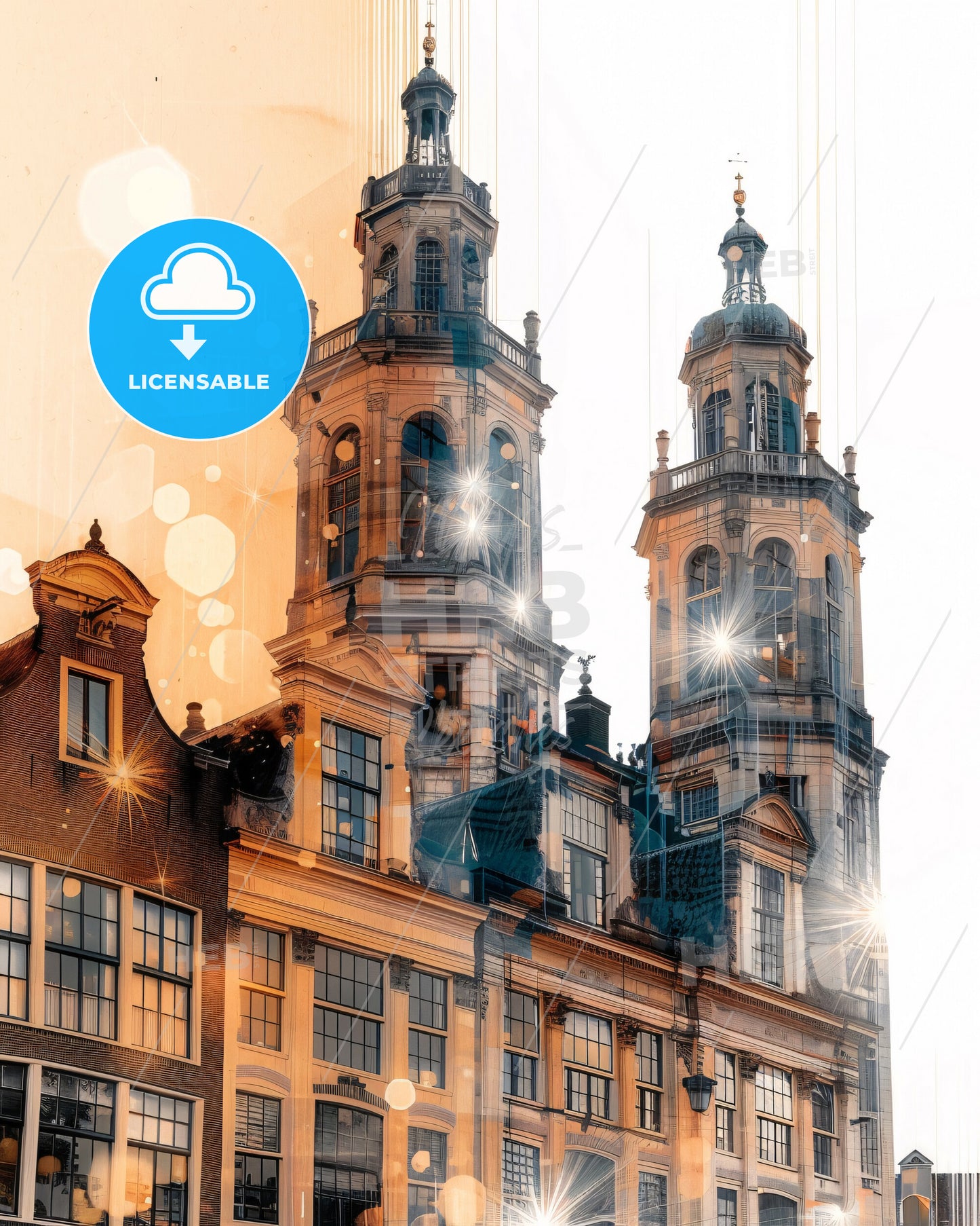 Delft Skyline Double Exposure Art Poster - A building with towers and windows