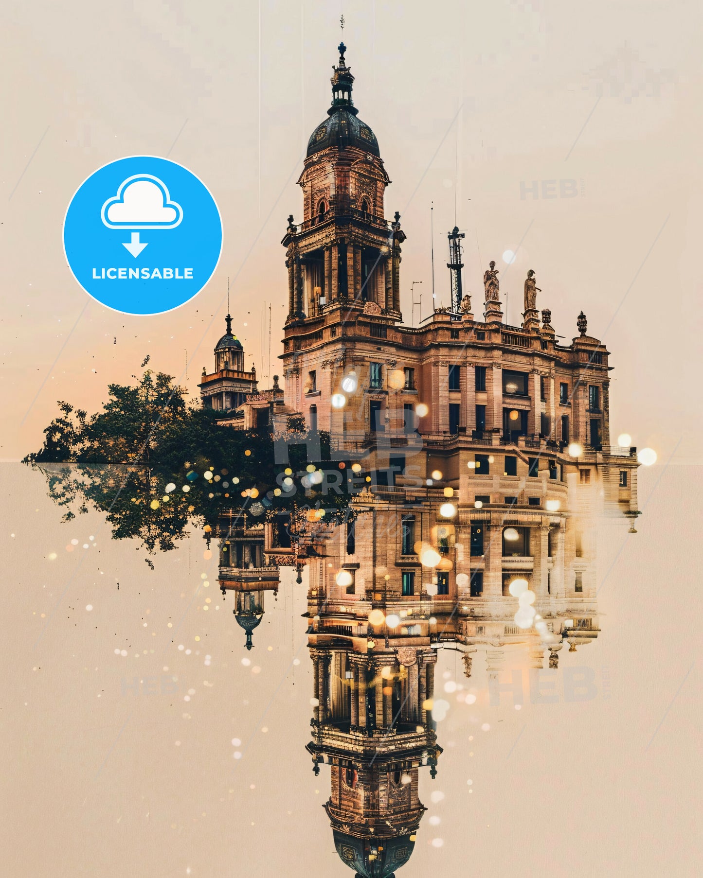 Delicias Skyline: Local Icons, Bright Beige Paper - A building with a tower and a tree in the middle