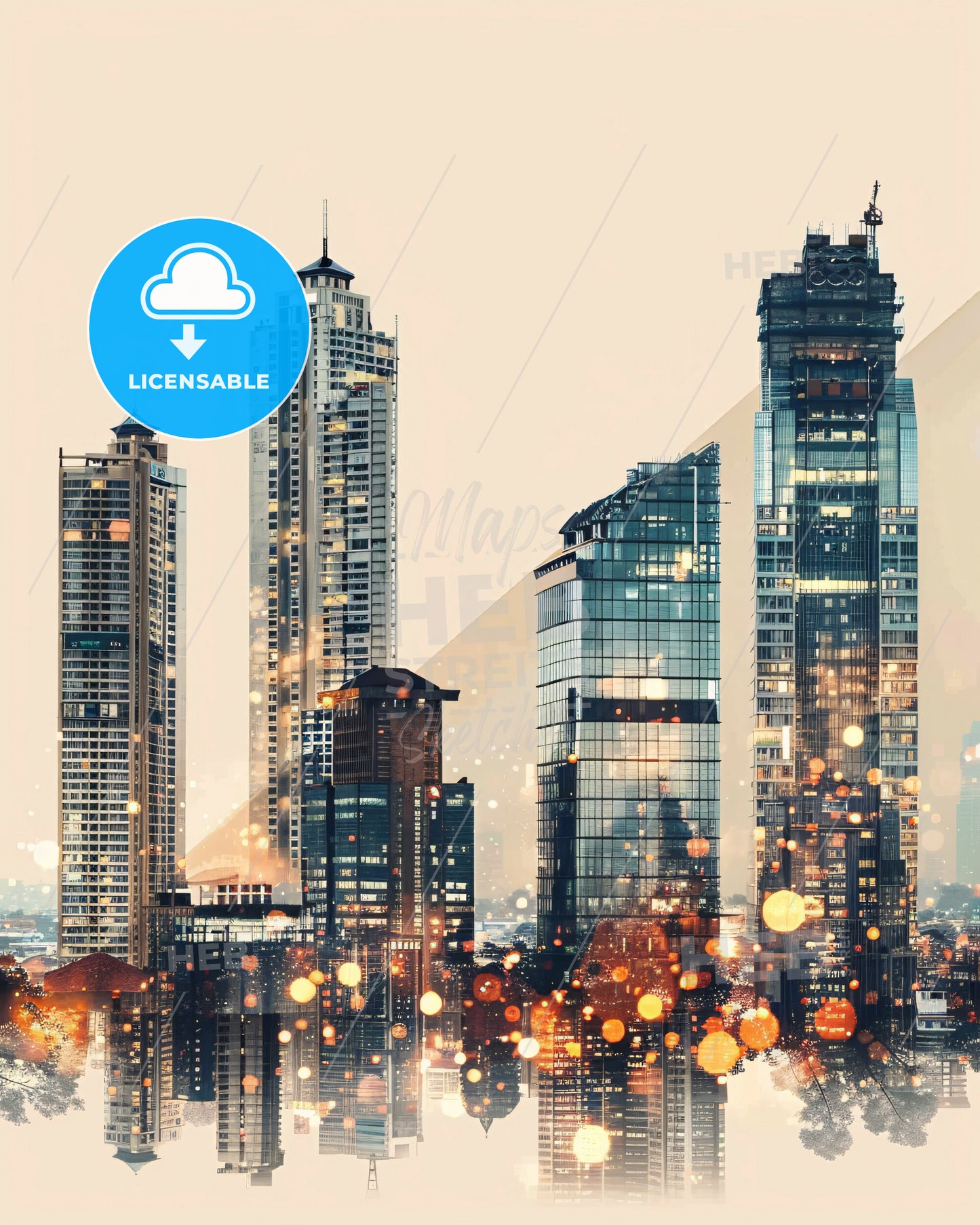 Depok Double Exposure Composite Poster - A city skyline with many tall buildings