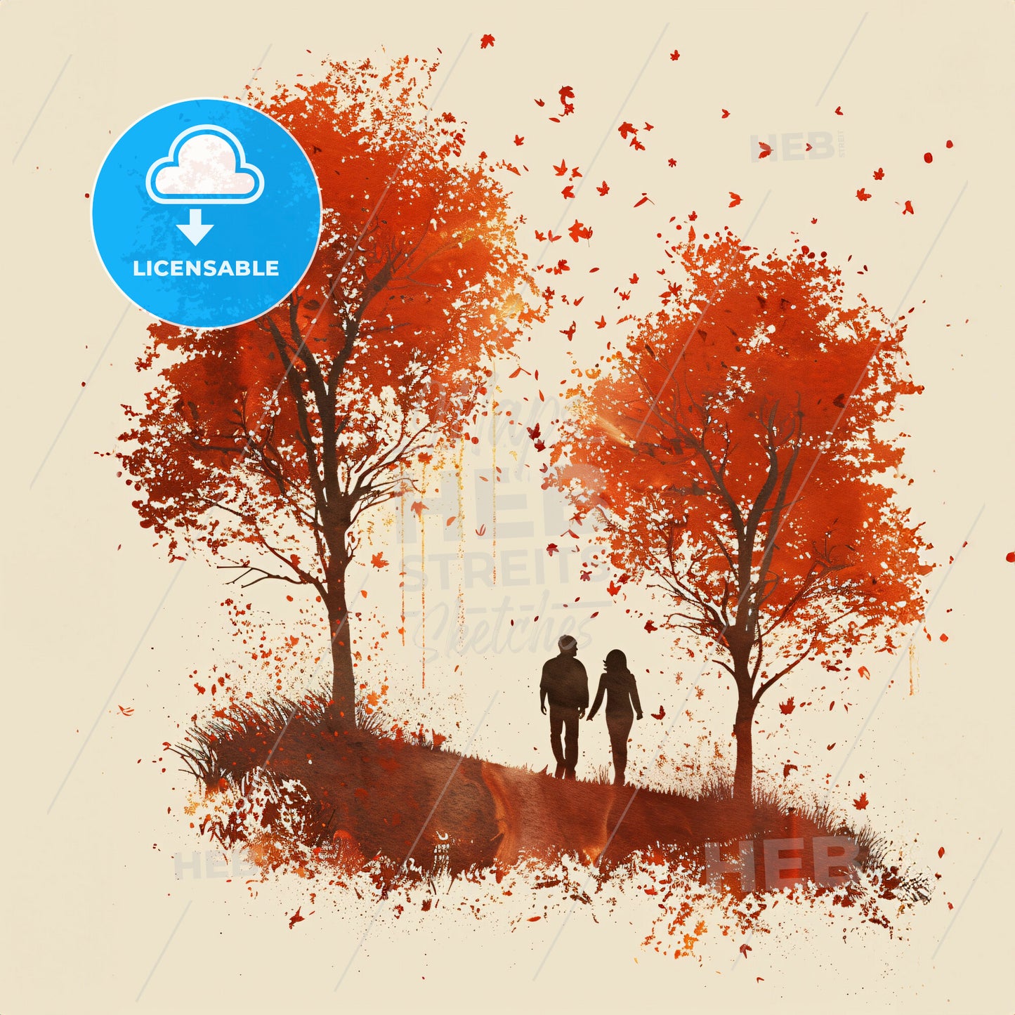 A Couple Walking On A Path With Orange Trees