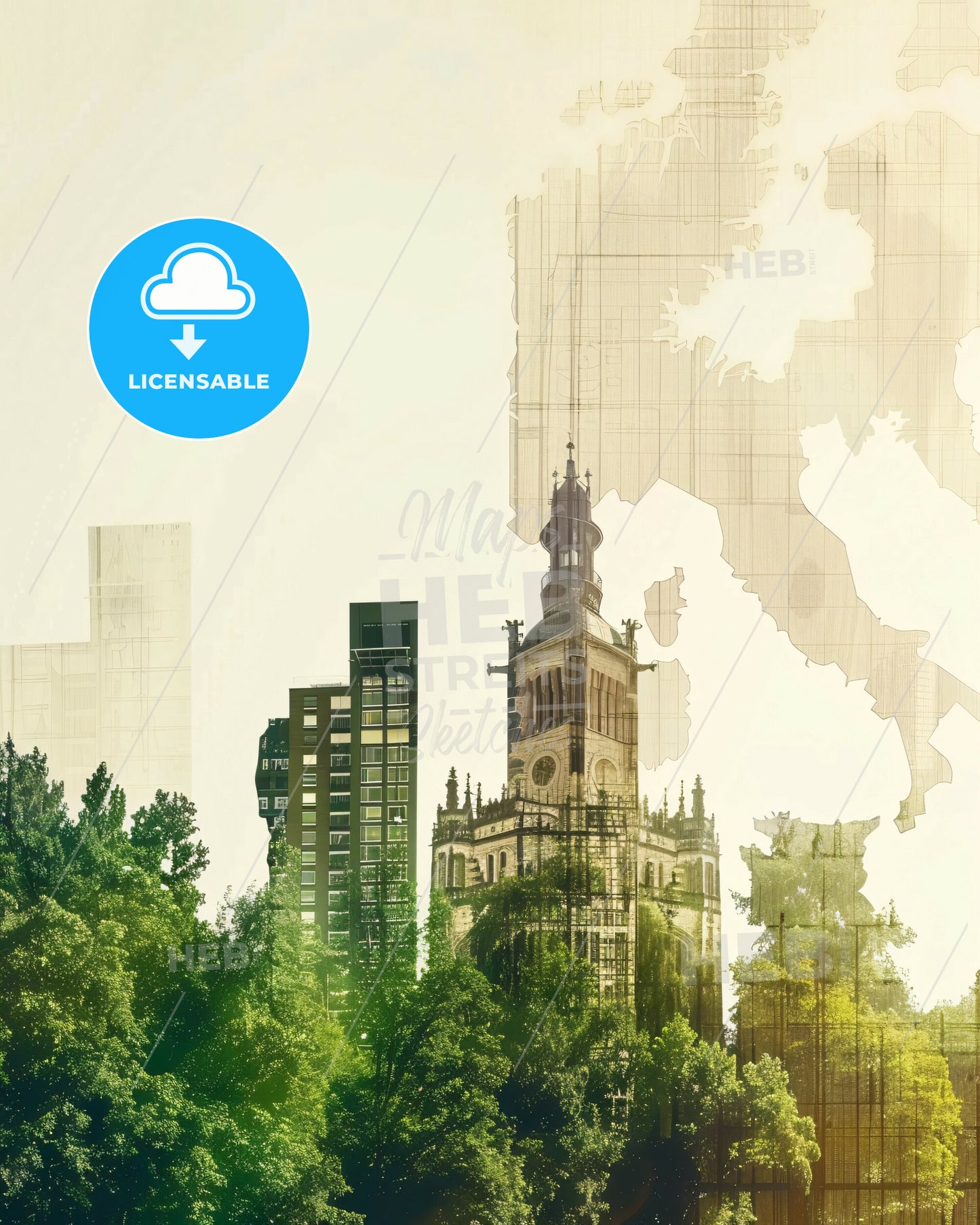 Dortmund Germany Double Exposure Skyline Art Composite - A city with trees and a tower