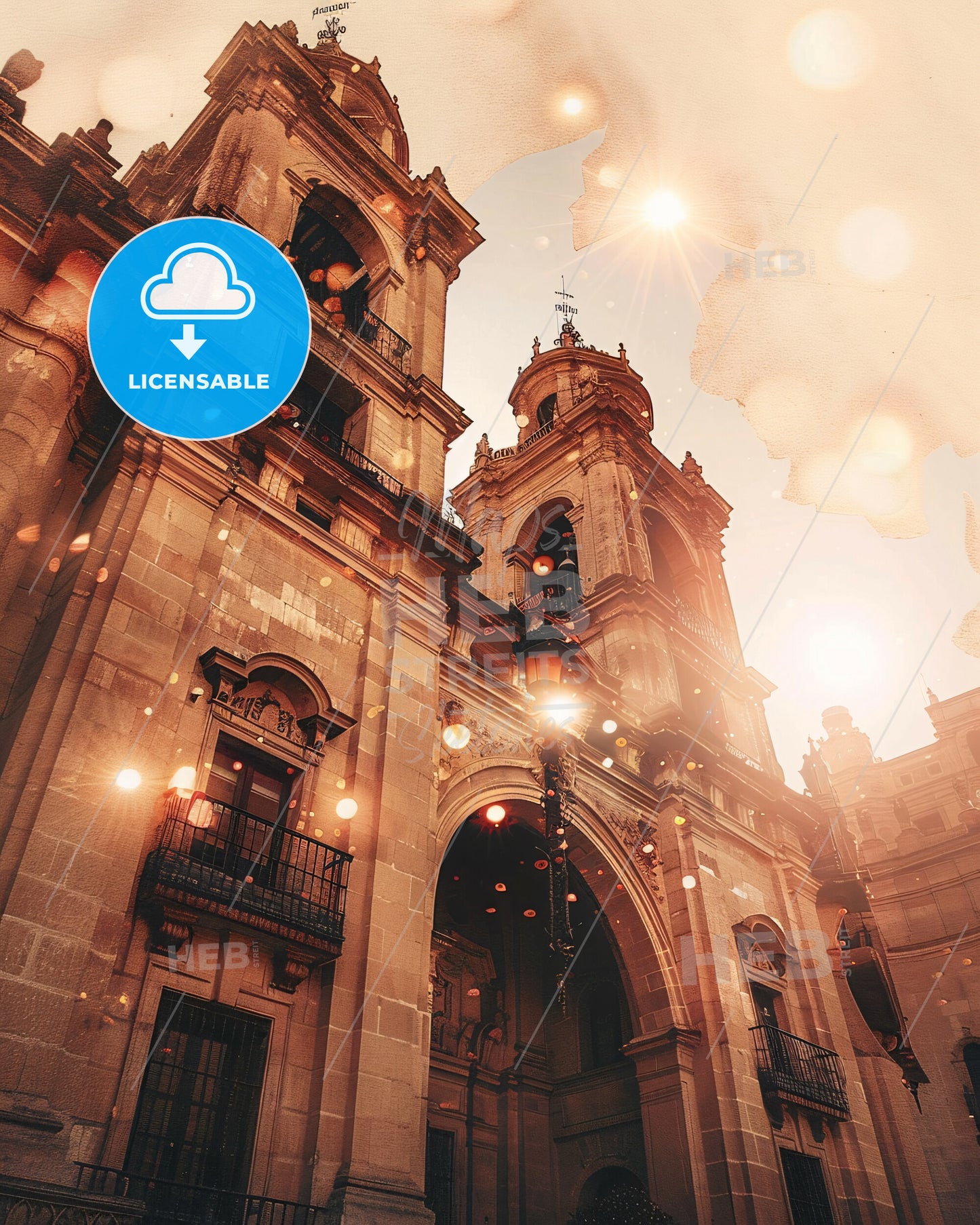 Dos Hermanas City Skyline Double Exposure Poster - A large building with a tower