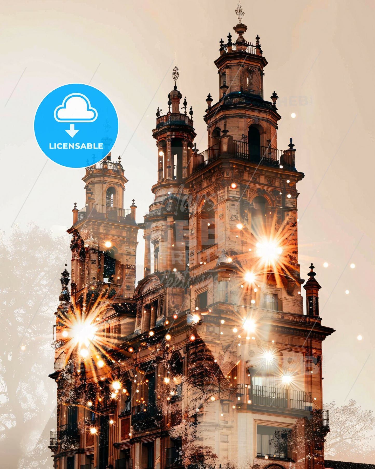 Dos Hermanas Skyline Art: Beige Dream with Sparkles - A building with many towers and lights