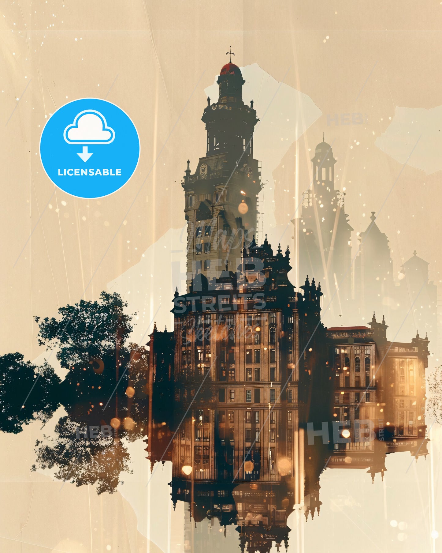 Douala City Lights Skyline Canvas Art - A building with a tower and trees