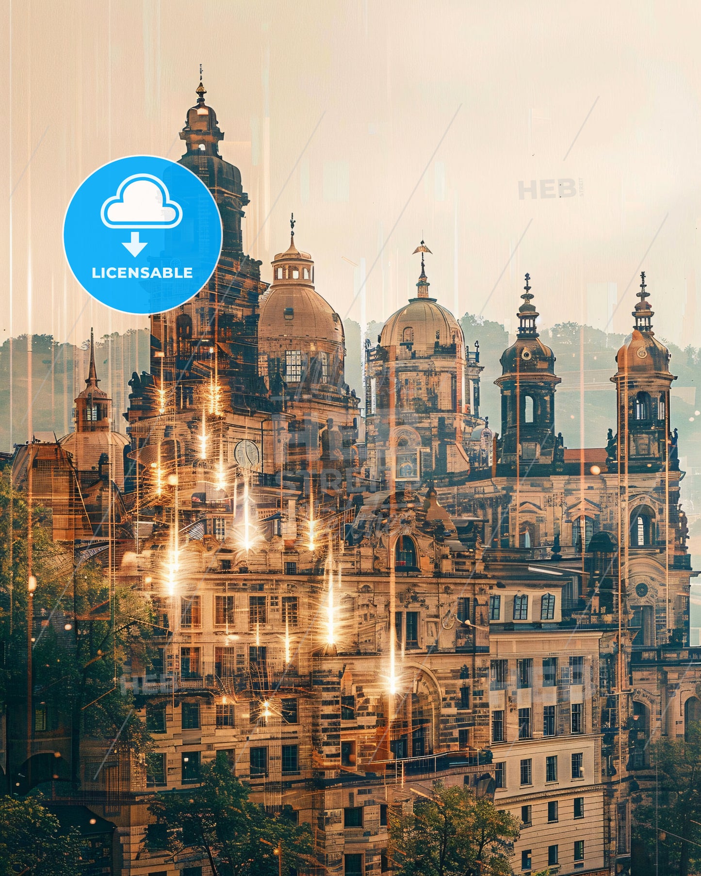 Dresden Skyline Double Exposure Art Poster - A large building with many towers