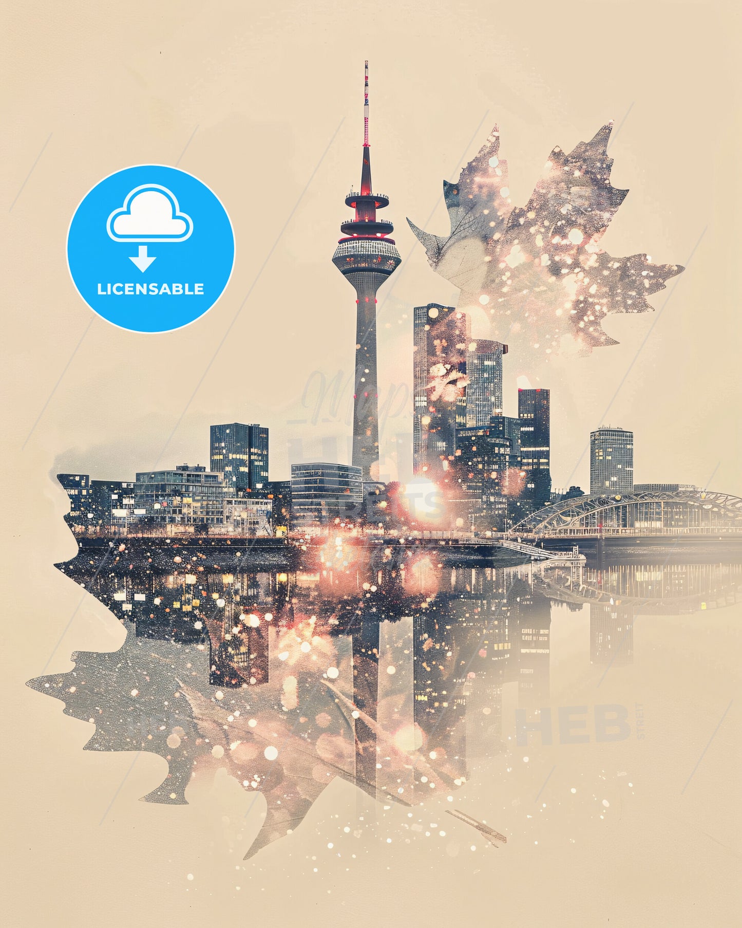 Düsseldorf Cityscape Art: Skyline Icons Double Exposure - A city skyline with a tower and maple leaves