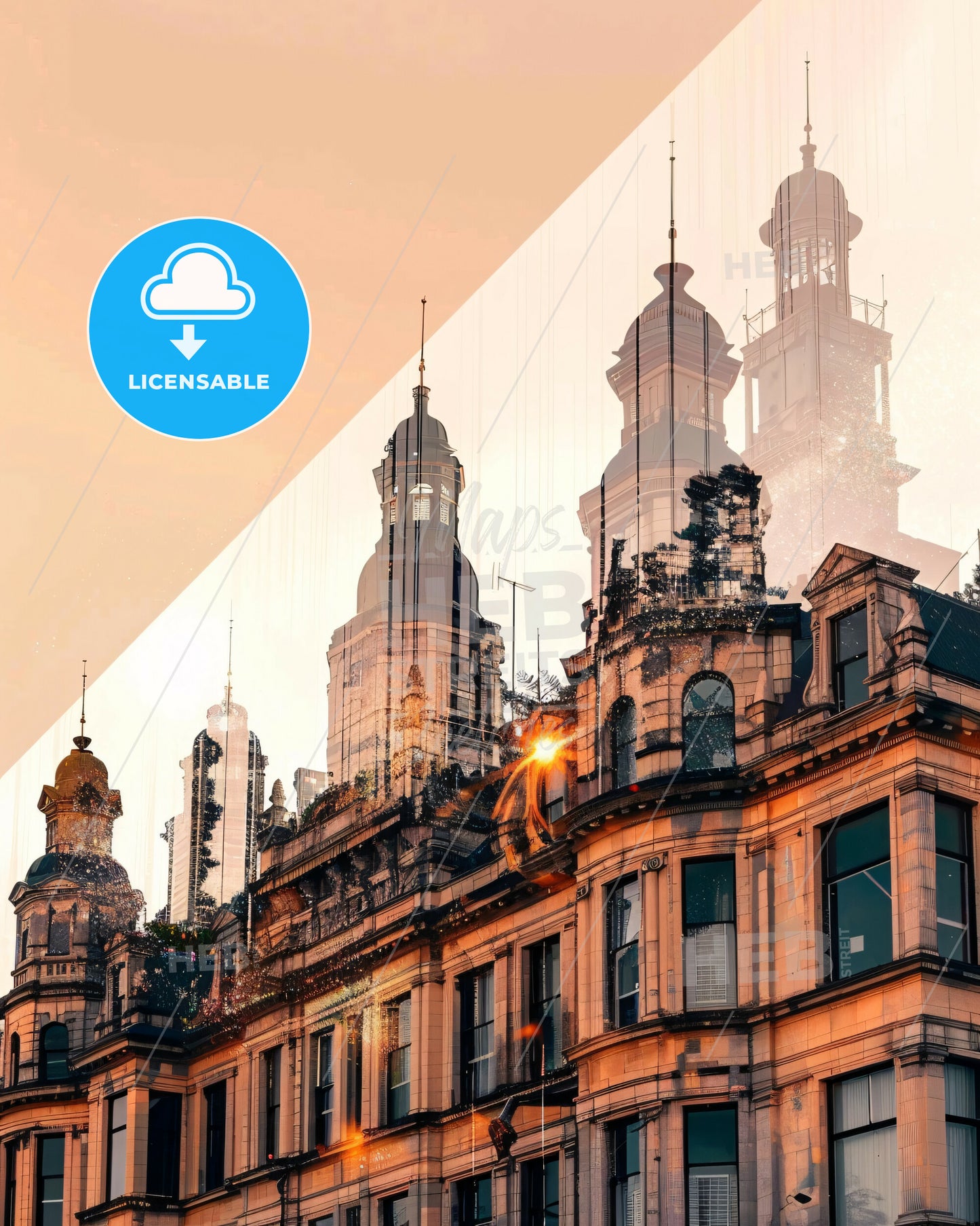 Dunedin Skyline Double Exposure Art Sparkle - A building with towers and a sun shining on it