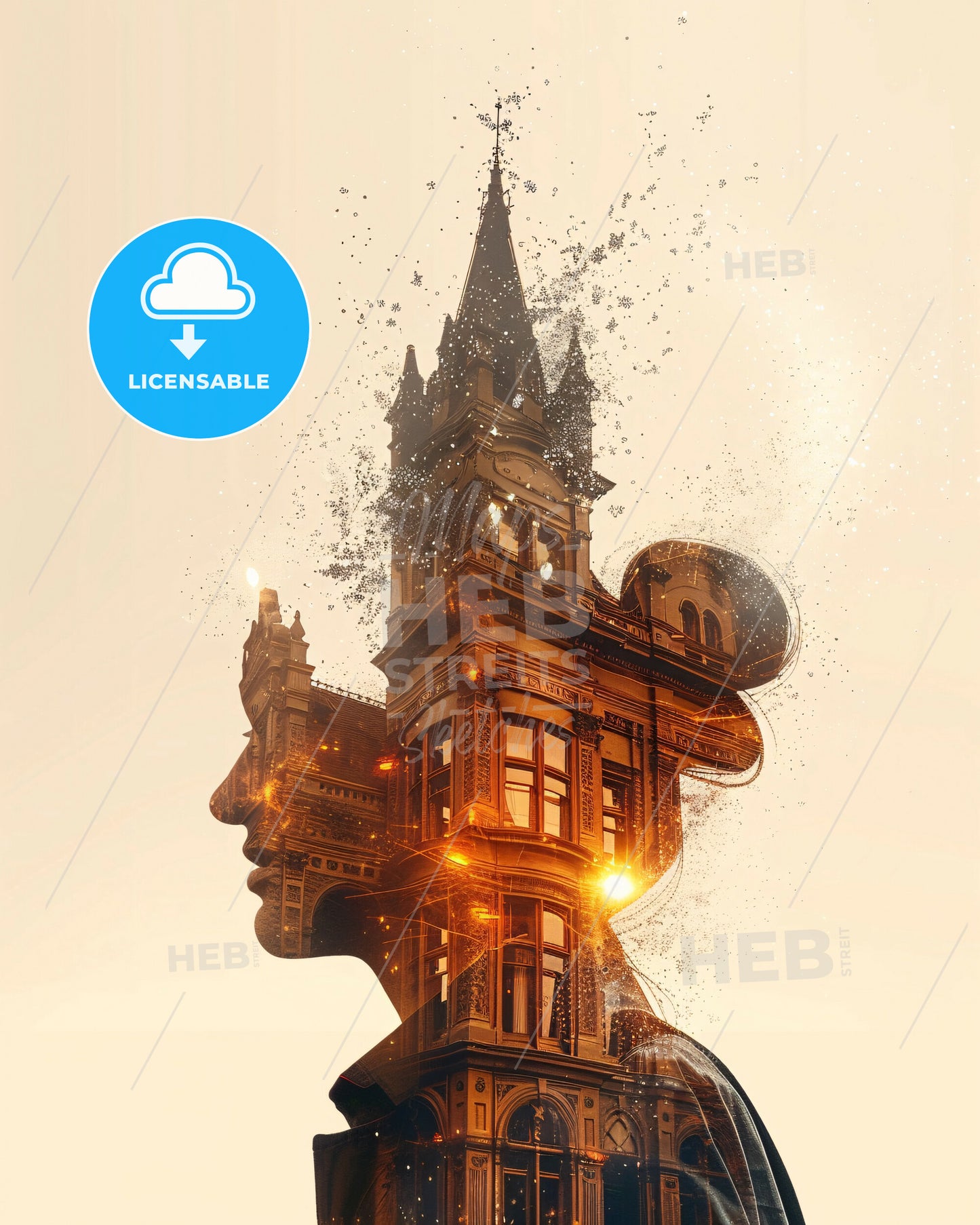 Dunedin Skyline City Lights Composite Minimalist Poster - A double exposure of a person's head and a castle