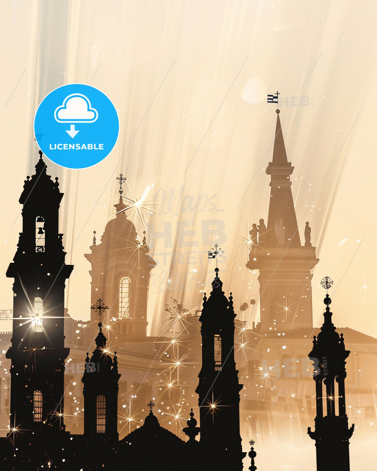 Egaleo City Skyline Minimalist Poster - A silhouette of a building with towers and a light burst