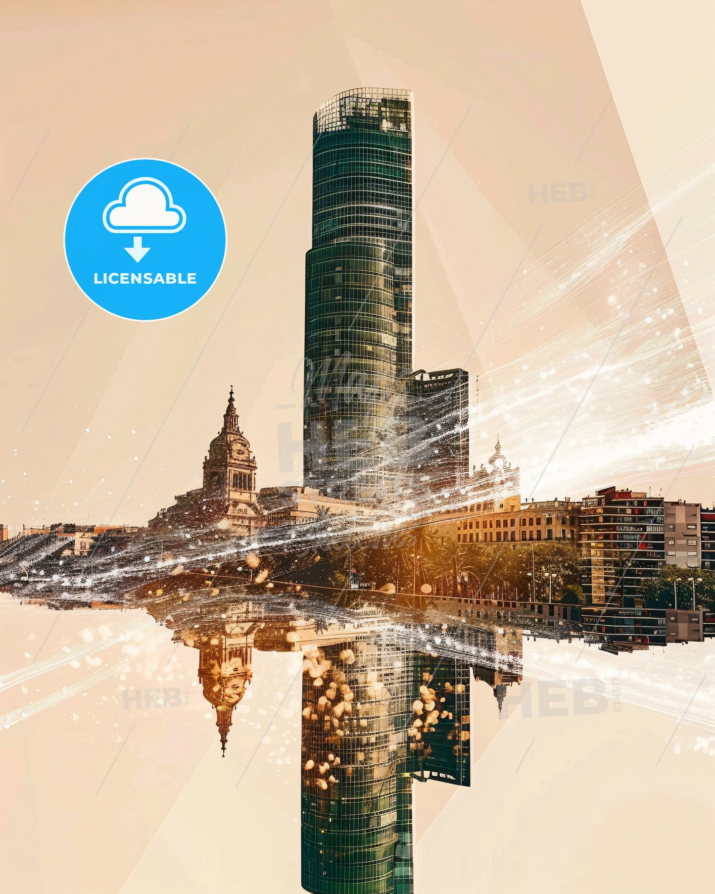 Eixample: Barcelona Double Exposure City Art Skyline - A city with a reflection of a building