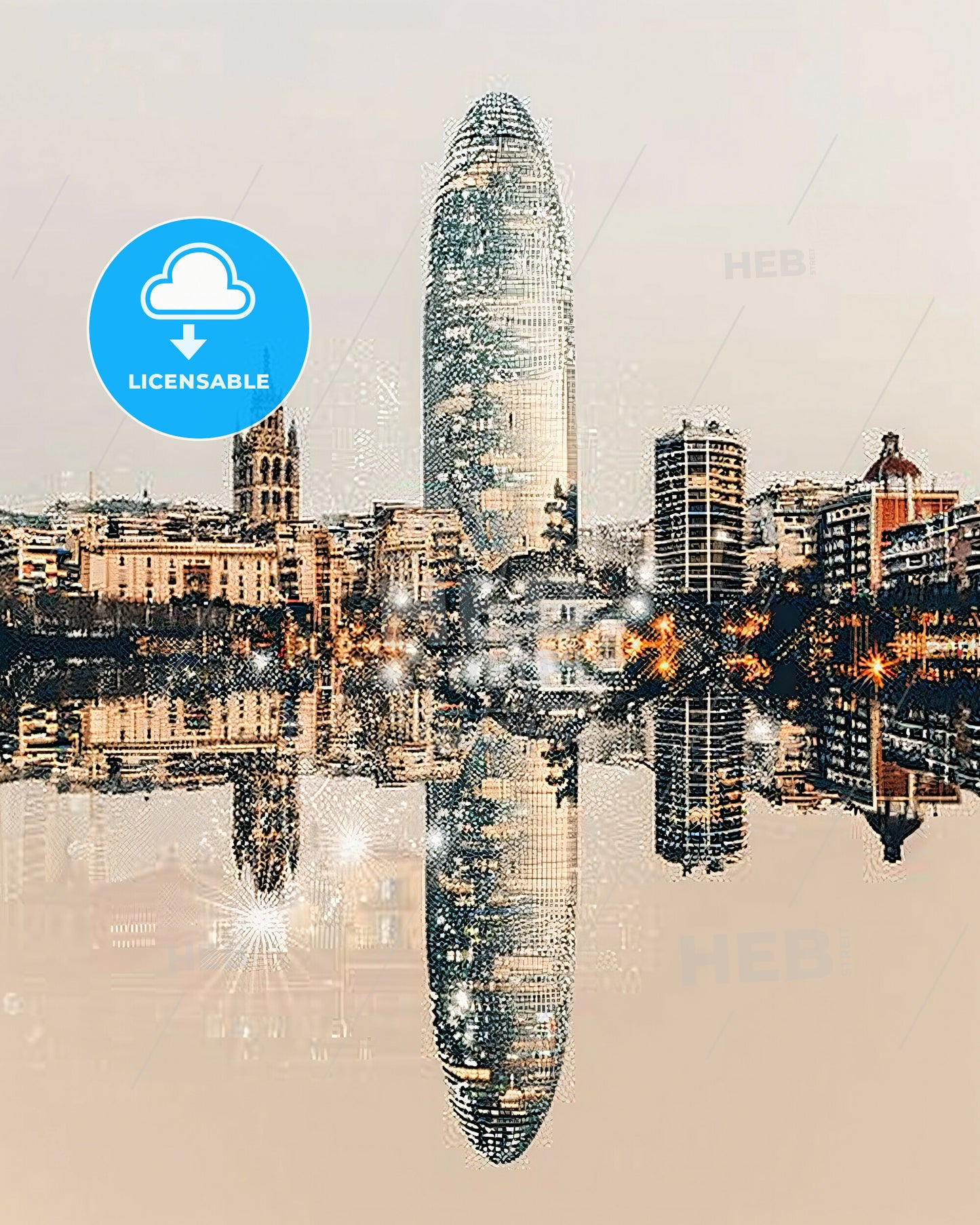 Barcelona Cityscape: Lights and Shadows Masterpiece - A reflection of a tall building in a city