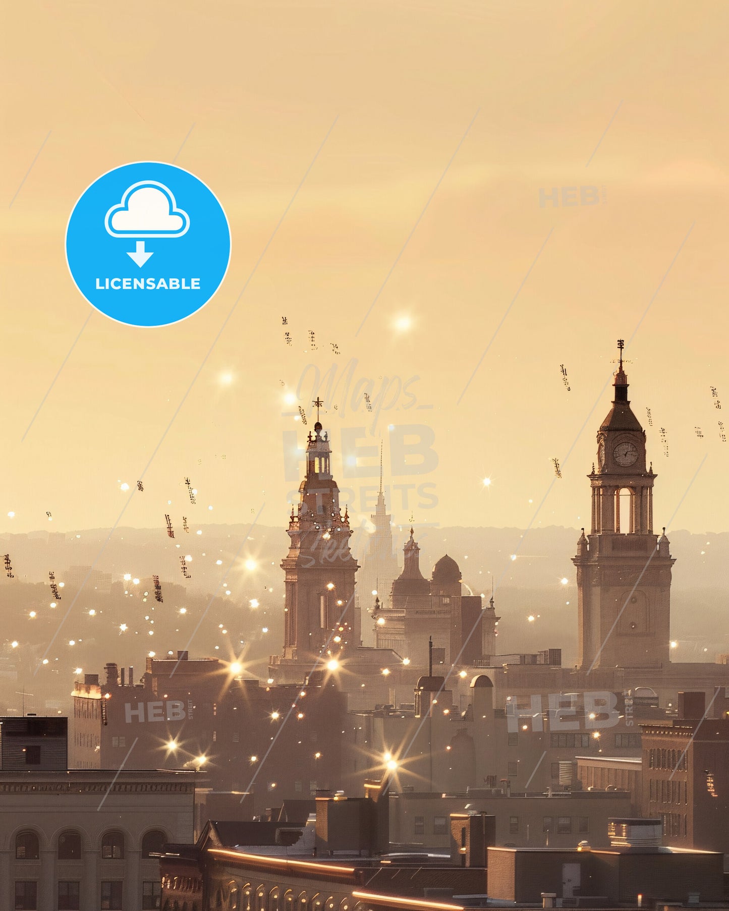 Elizabeth Cityscape Skyline Art - A city with many buildings and a clock tower