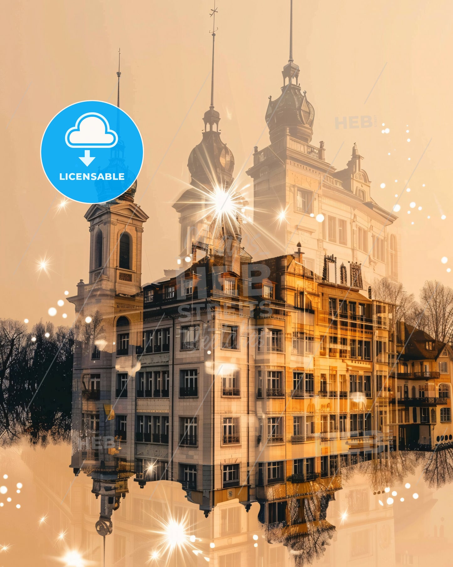 Emmen, Switzerland: City Skyline Composite Art Poster - A building with a reflection of the sun