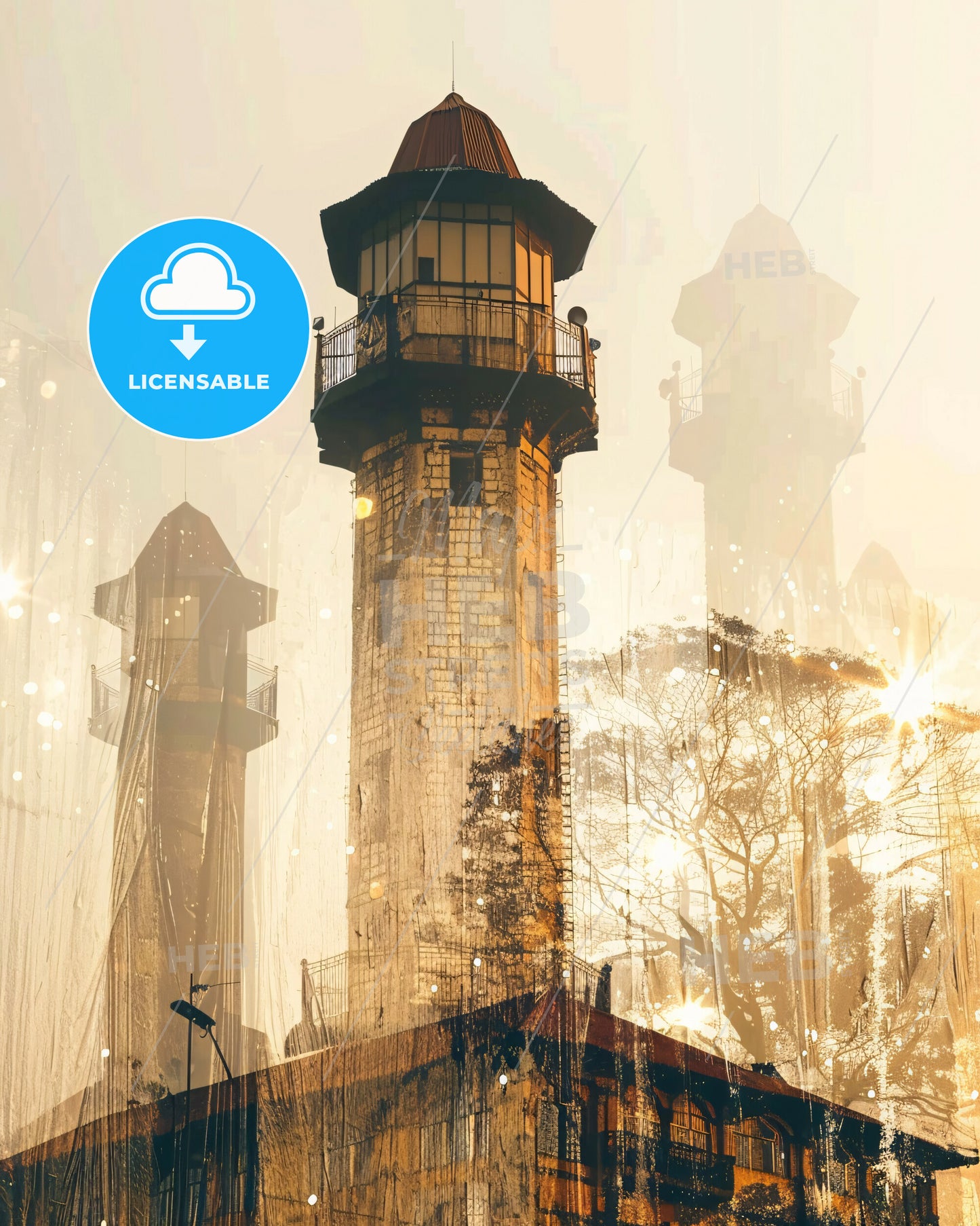 Enugu Skyline Double Exposure Art Poster - A tower with a tower and a building with a roof