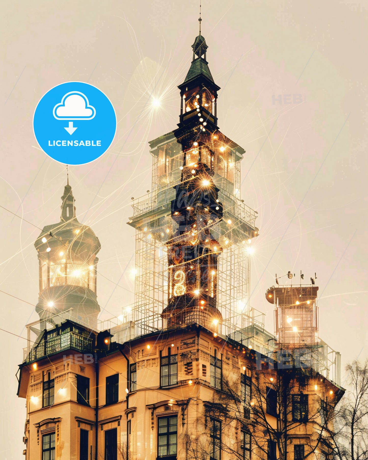 Eskilstuna City Vibes Skyline Composite Art Print - A building with a tower and lights