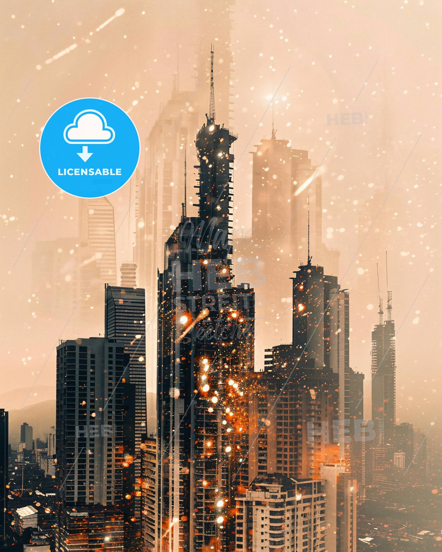 Floridablanca City Skyline Colombia Double Exposure Art - A city skyline with snow falling