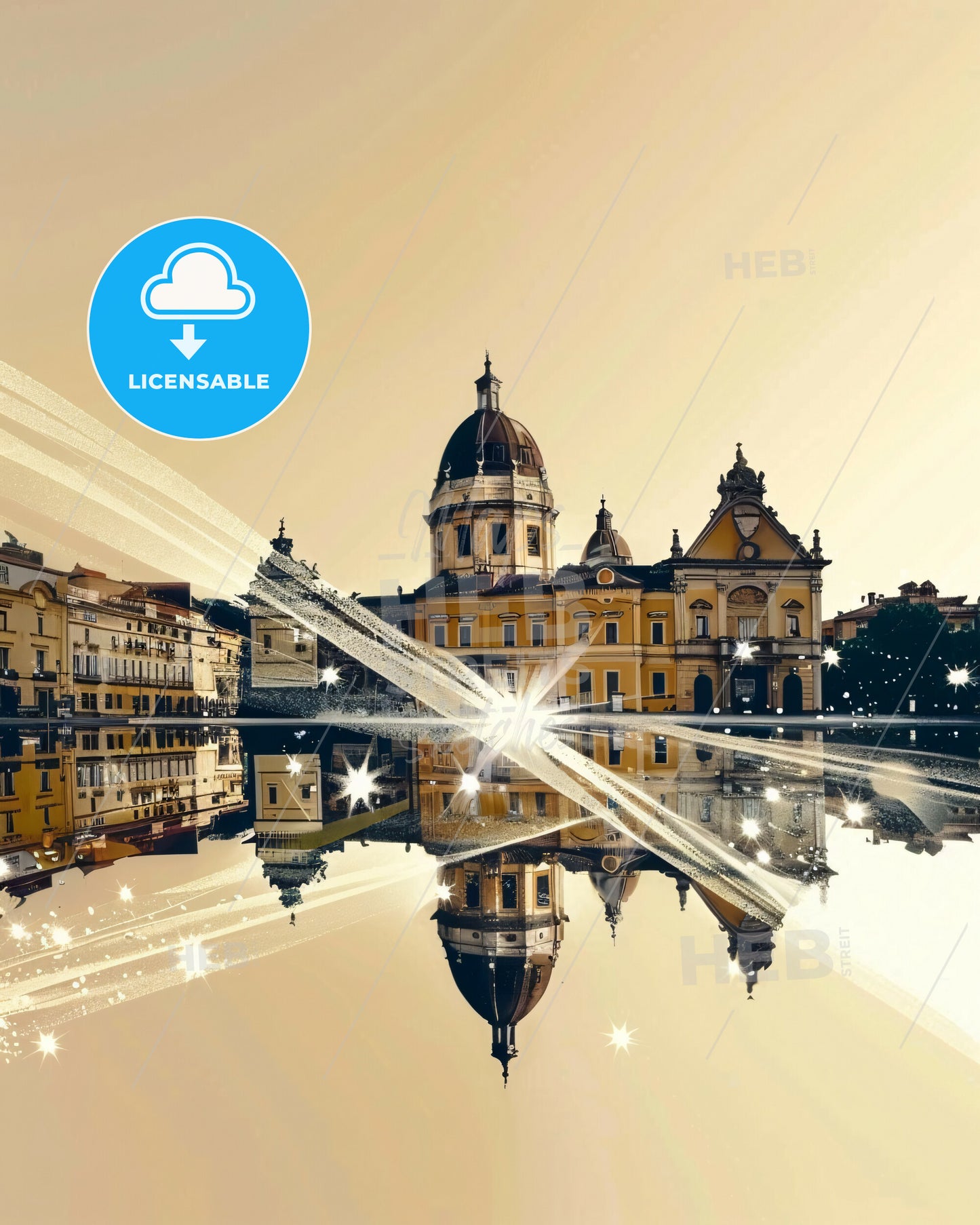 Foggia Skyline Double Exposure Composite Art Poster - A building with a fountain in the water