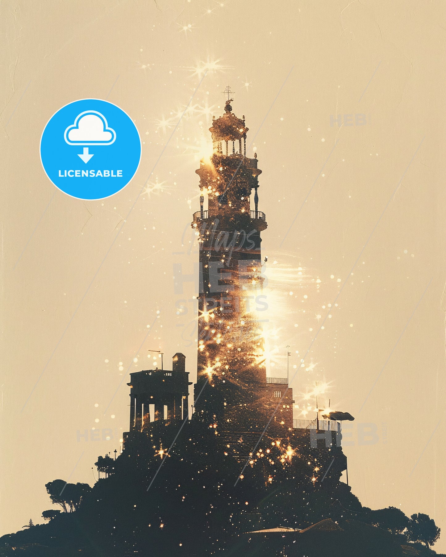 Formentera Double Exposure Skyline Poster - A tall tower with a light shining on it
