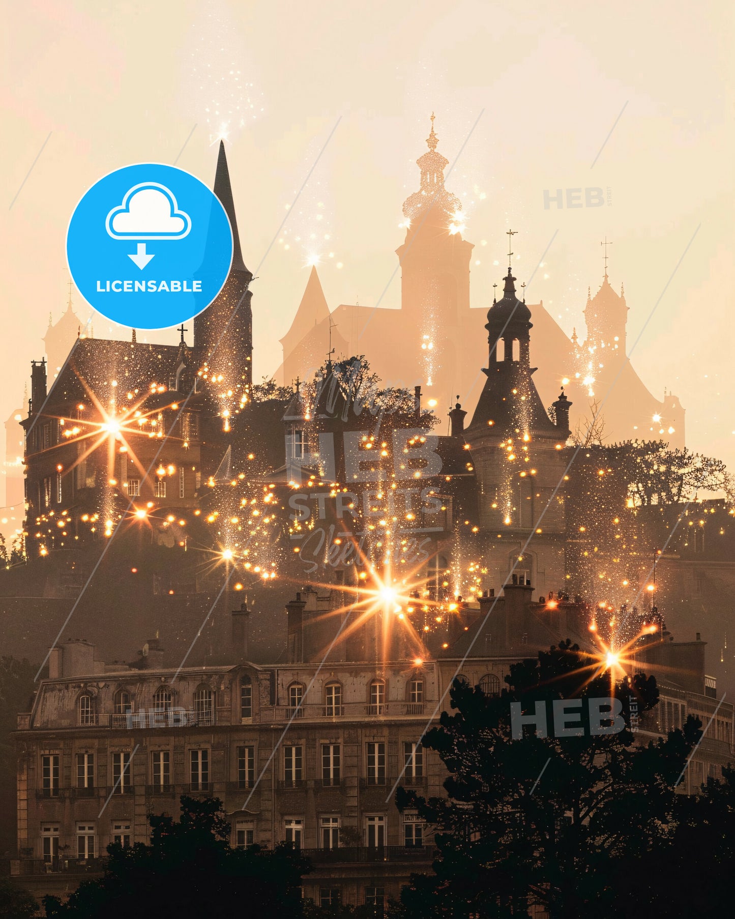 Fort-de-France Skyline Composite Double Exposure - Fireworks over a building