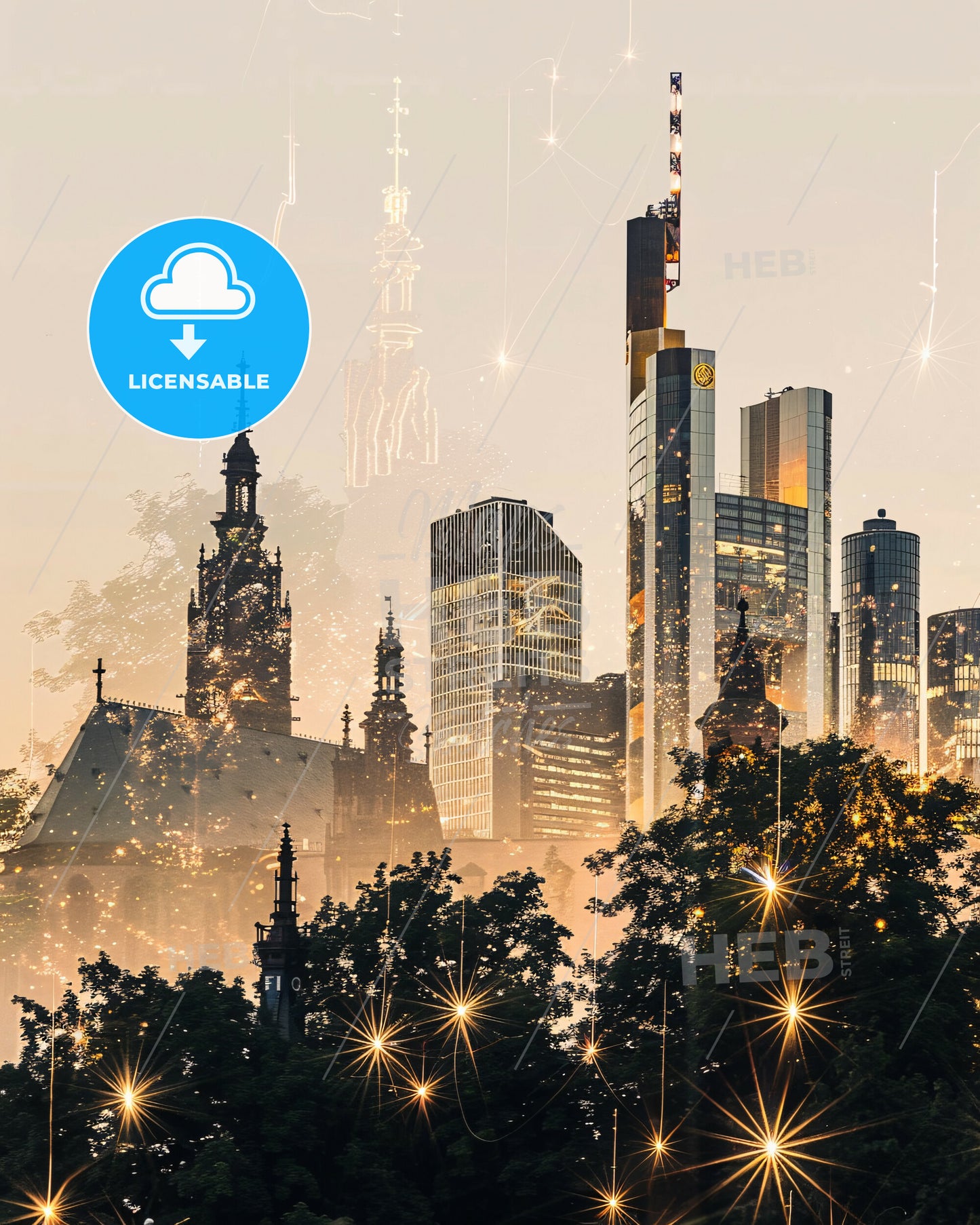 Frankfurt Skyline Double Exposure Art Poster - A city skyline with trees and stars
