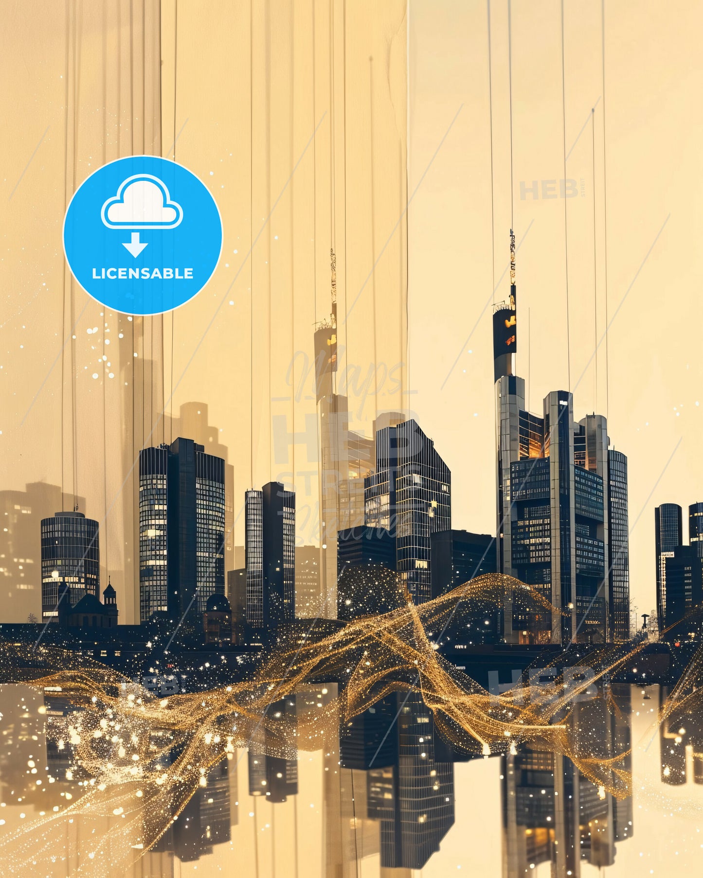 Frankfurt Skyline Silhouette Composite Art Poster - A city skyline with lights and water