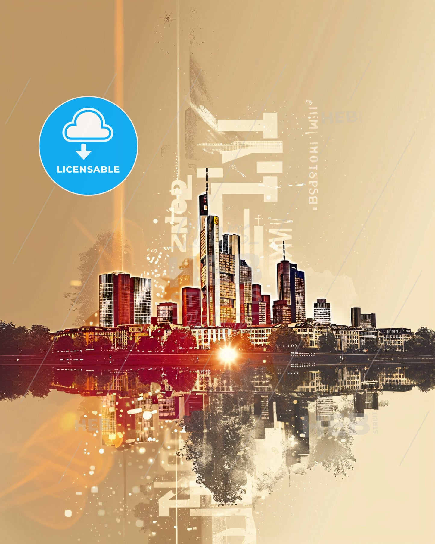 Frankfurt Skyline City Lights Artwork - A city skyline with a reflection of the water