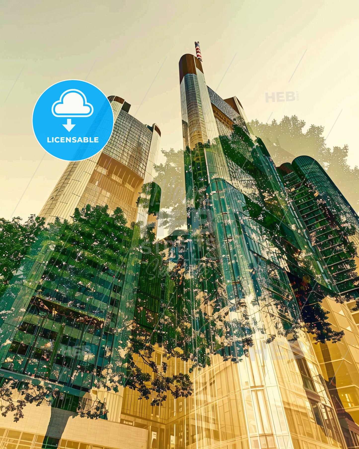 Frankfurt Skyline Silhouette Double Exposure Art Poster - A group of tall buildings with trees