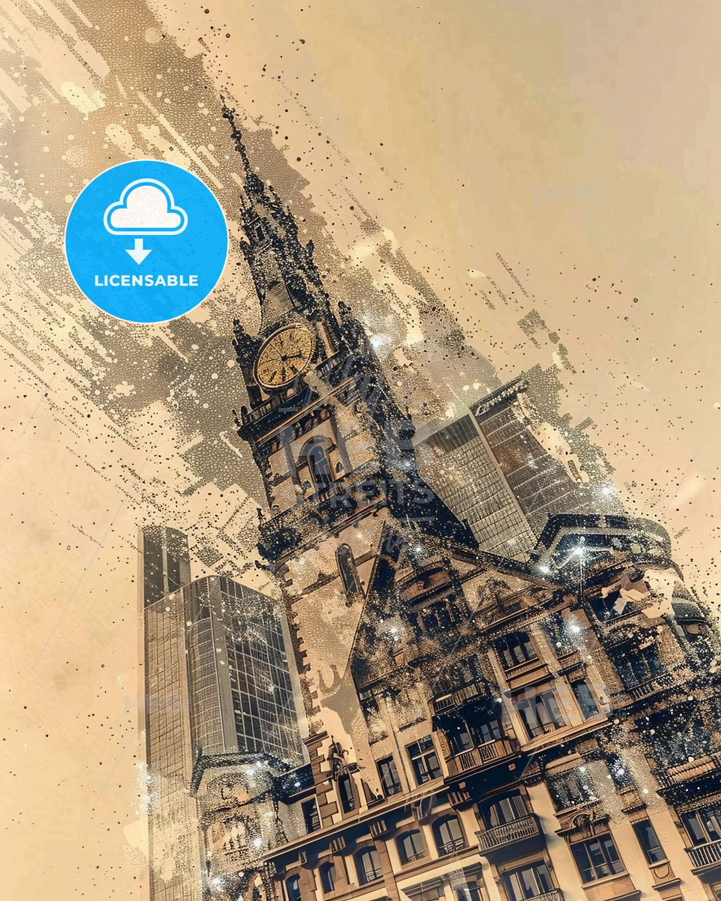 Frankfurt Skyline Cityscape Composite Art Poster - A clock tower in a city