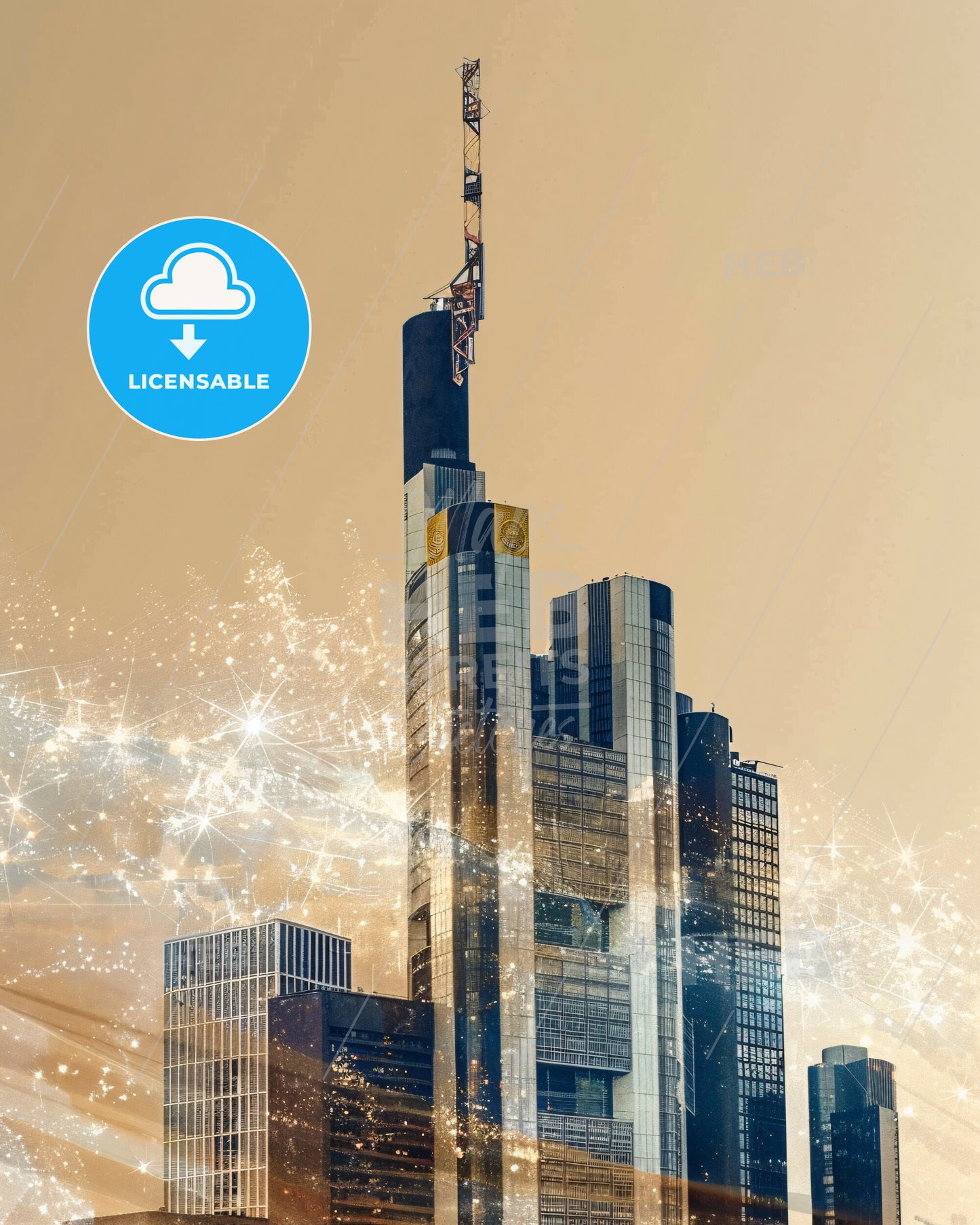 Frankfurt Skyline Iconic Beige Poster Art - A tall building with fireworks