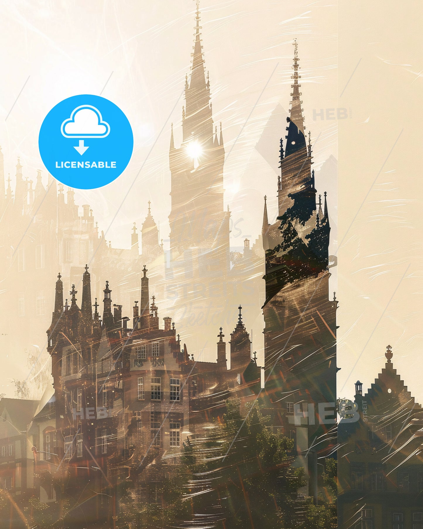 Freiburg im Breisgau, Skyline Poster with City Silhouettes - A building with spires and a sun shining through