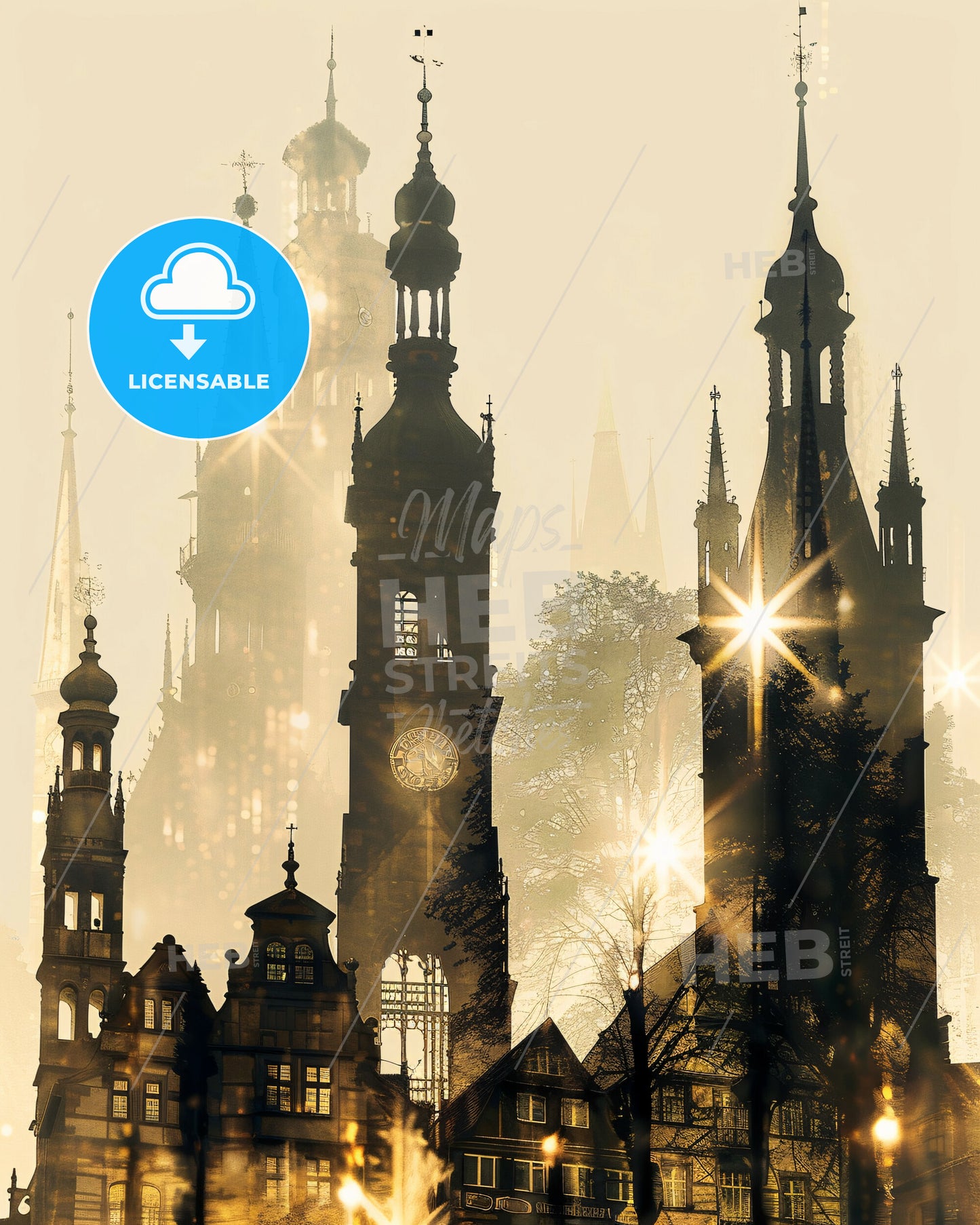 Freiburg im Breisgau Art Skyline Composite Poster - A large building with towers and a clock