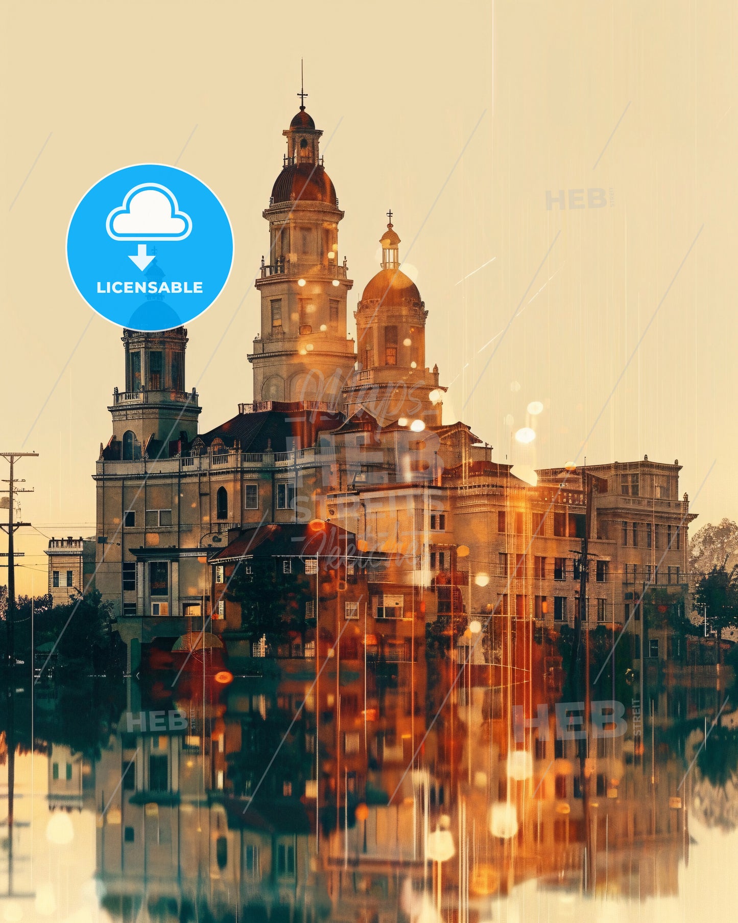 Fremont City Skyline in Subtle Lights - A building with towers and a body of water