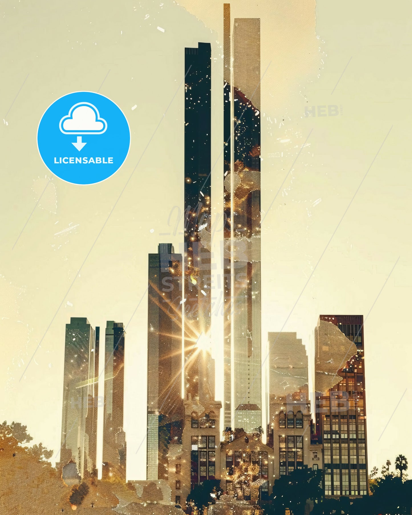 Fresno Skyline - Pastel Hues and Glimmer - A city skyline with a sun shining through it