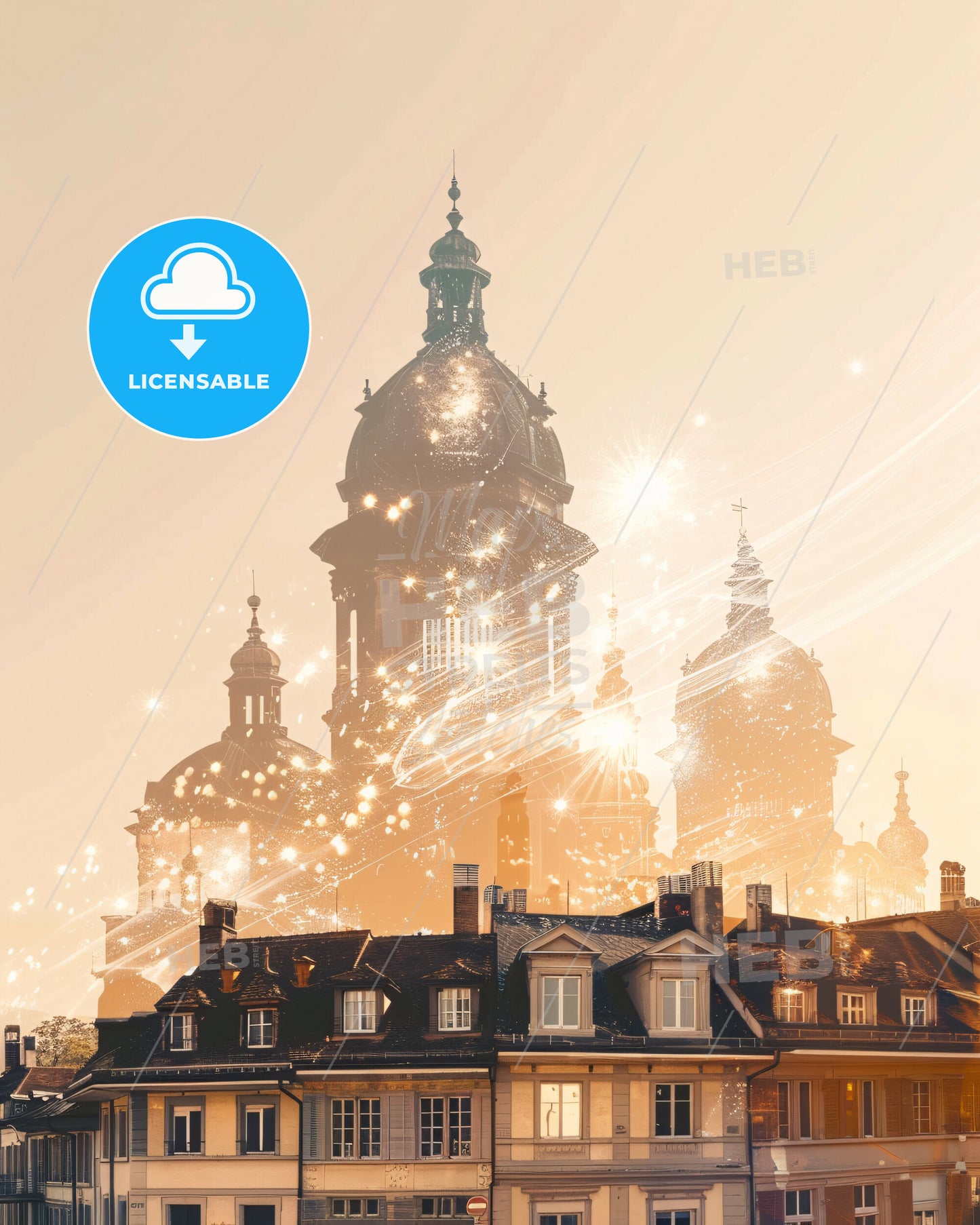 Fribourg City Lights Skyline Poster Art - A building with a dome and a roof