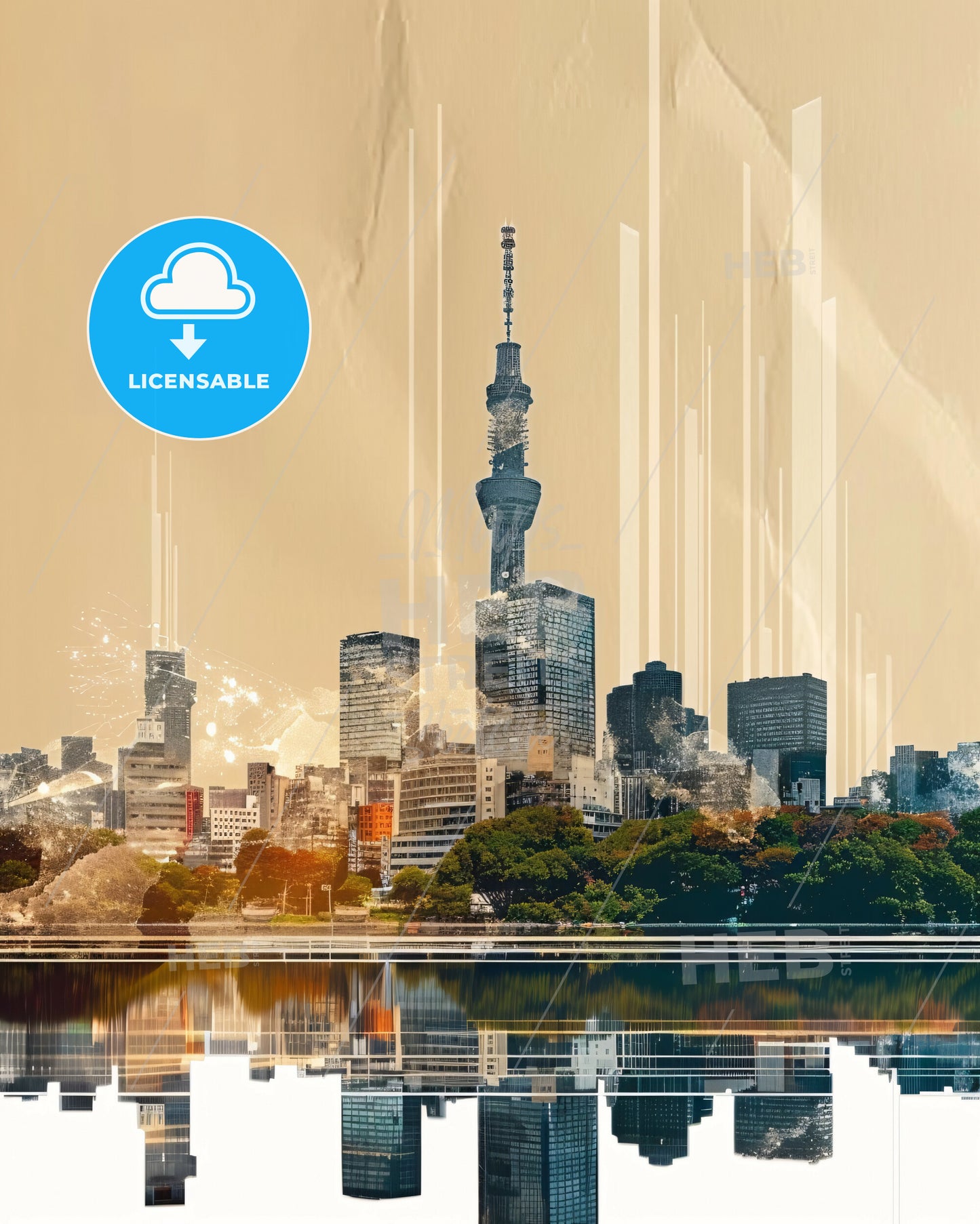 Fukuoka Metropolis Skyline Composite Poster - A city skyline with trees and water