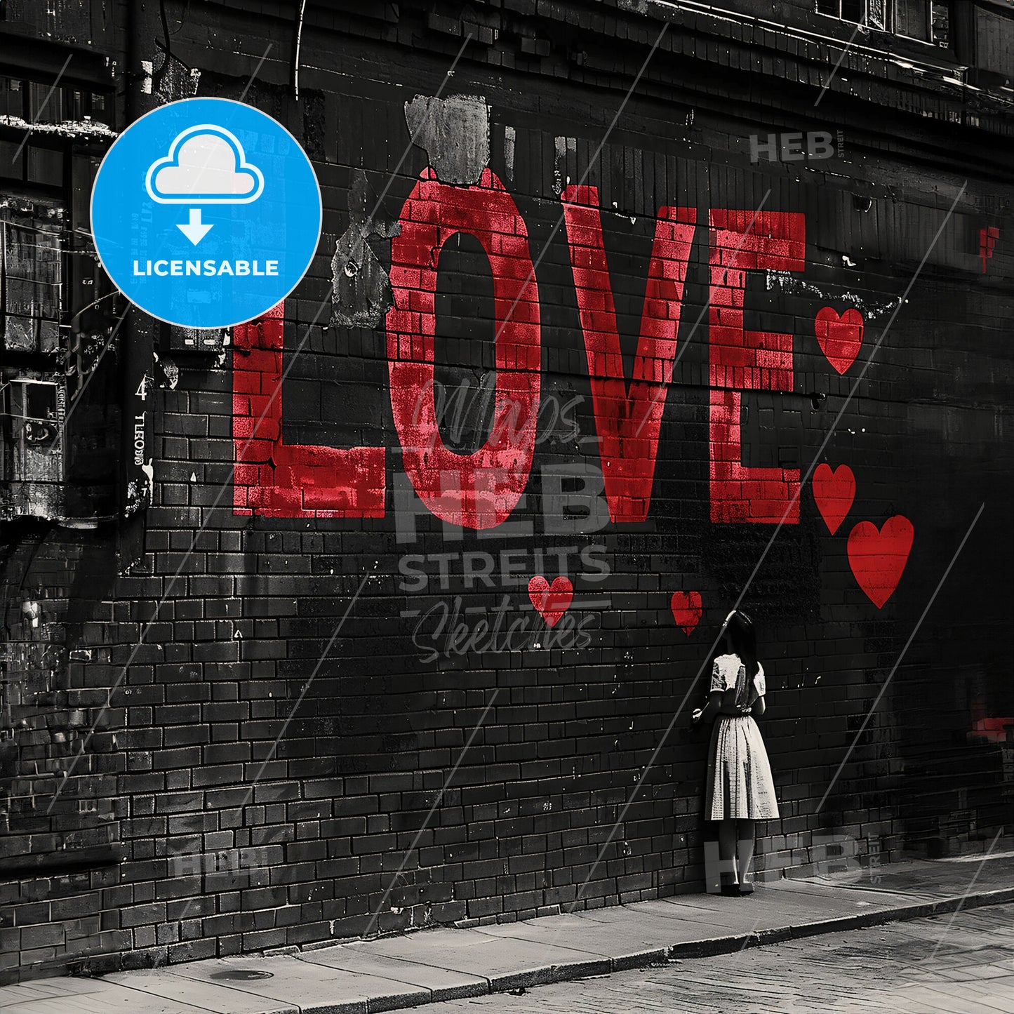 A Woman Standing On A Sidewalk Next To A Brick Wall With Red Hearts