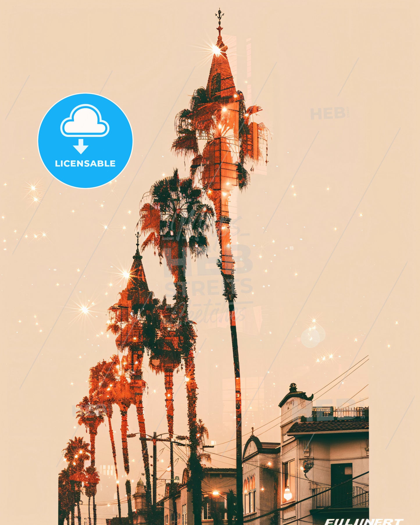 Fullerton City Skyline Double Exposure Composite Art - A tall palm trees and a building