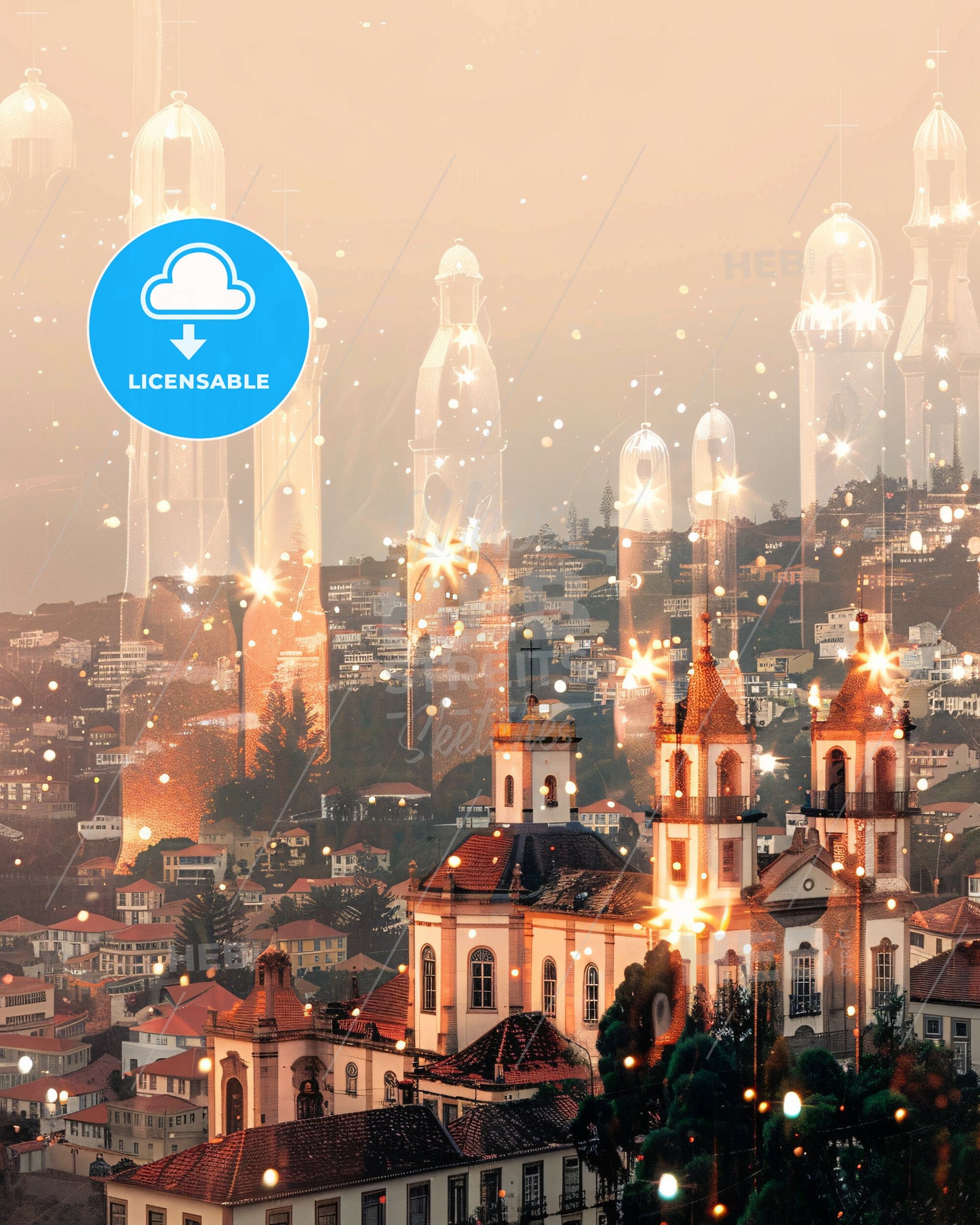 Funchal Cityscape Double Exposure with Local Icons - A city with buildings and lights