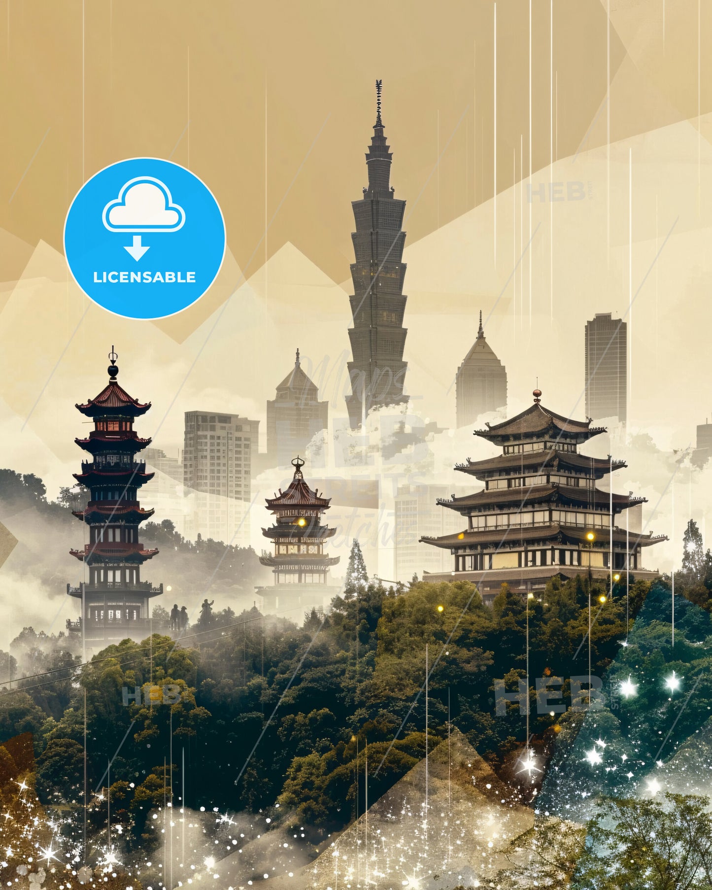 Fuqing, China: Double Exposure Skyline Art - A group of buildings in a city