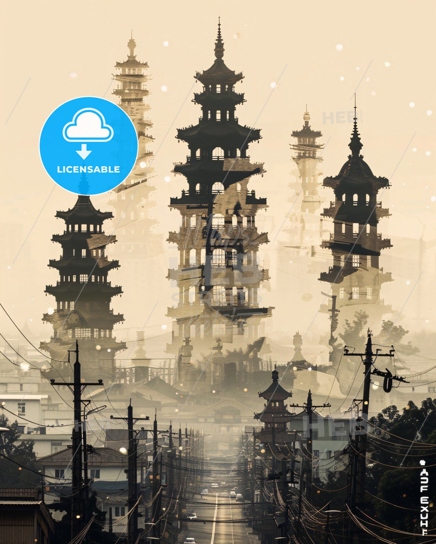 Fushun Skyline Double Exposure Art Poster - A tall buildings with towers and power lines