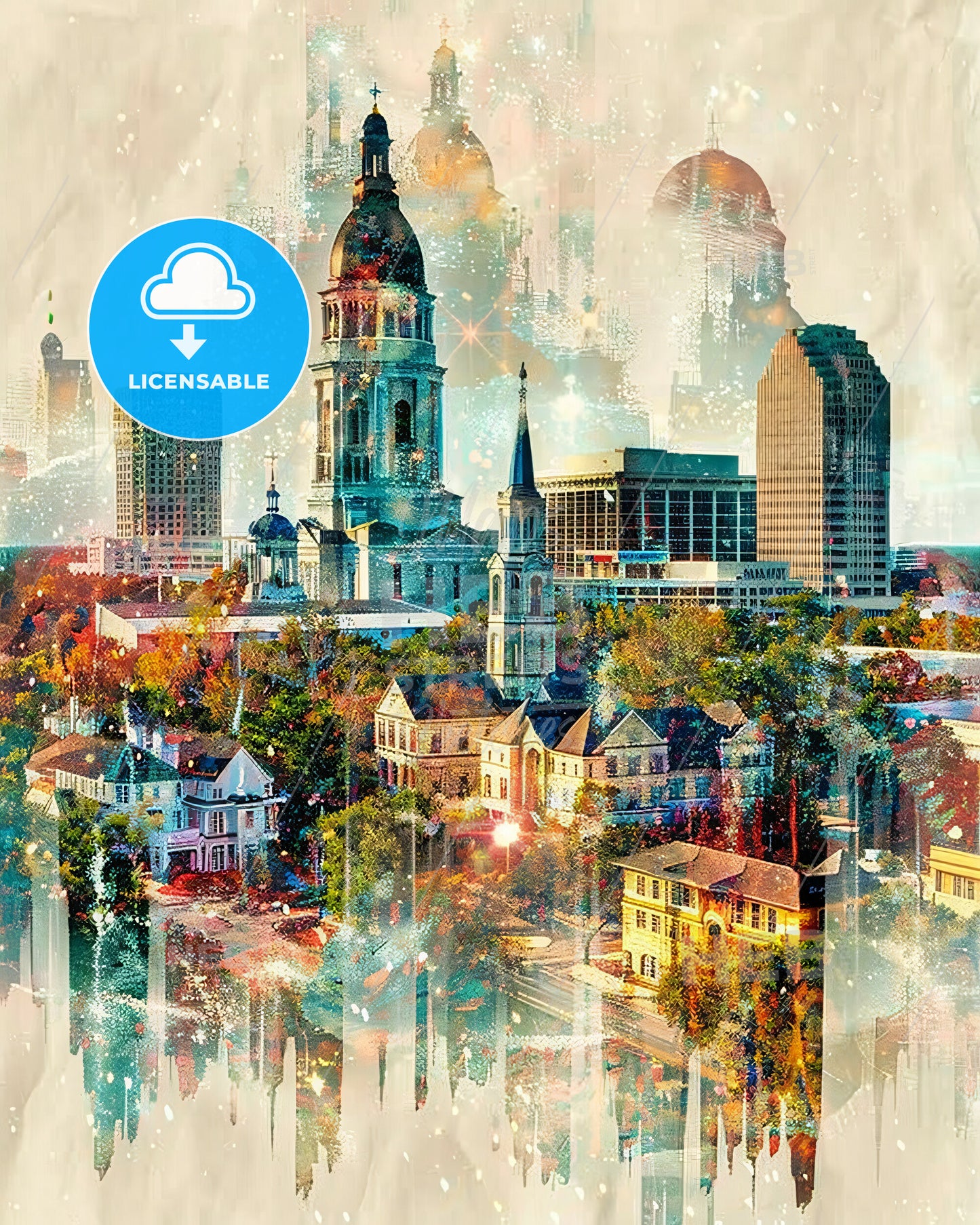 Gainesville Skyline Iconography Double Exposure Poster - A city with many buildings