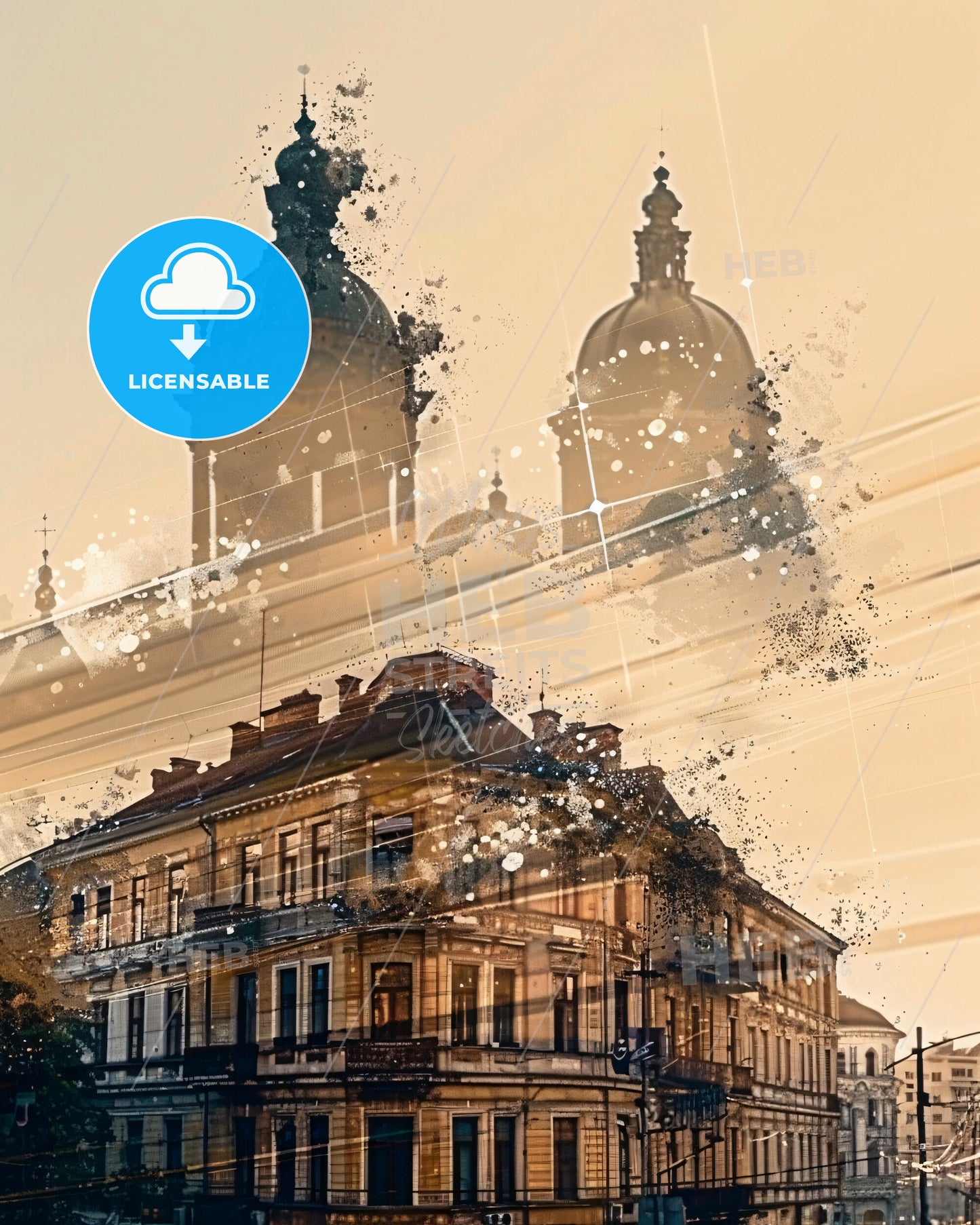 Galați, Romania: City Skyline Double Exposure Art Poster - A building with a dome and a building with a dome