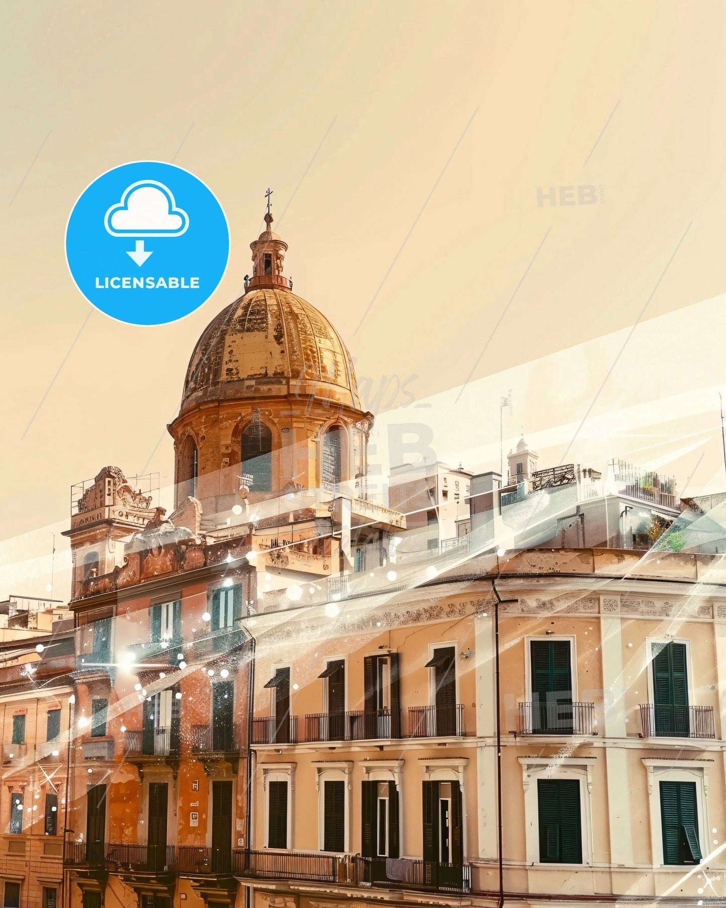 Giugliano in Campania Skyline Poster: Beige Tones, Sparkles - A building with a dome on top