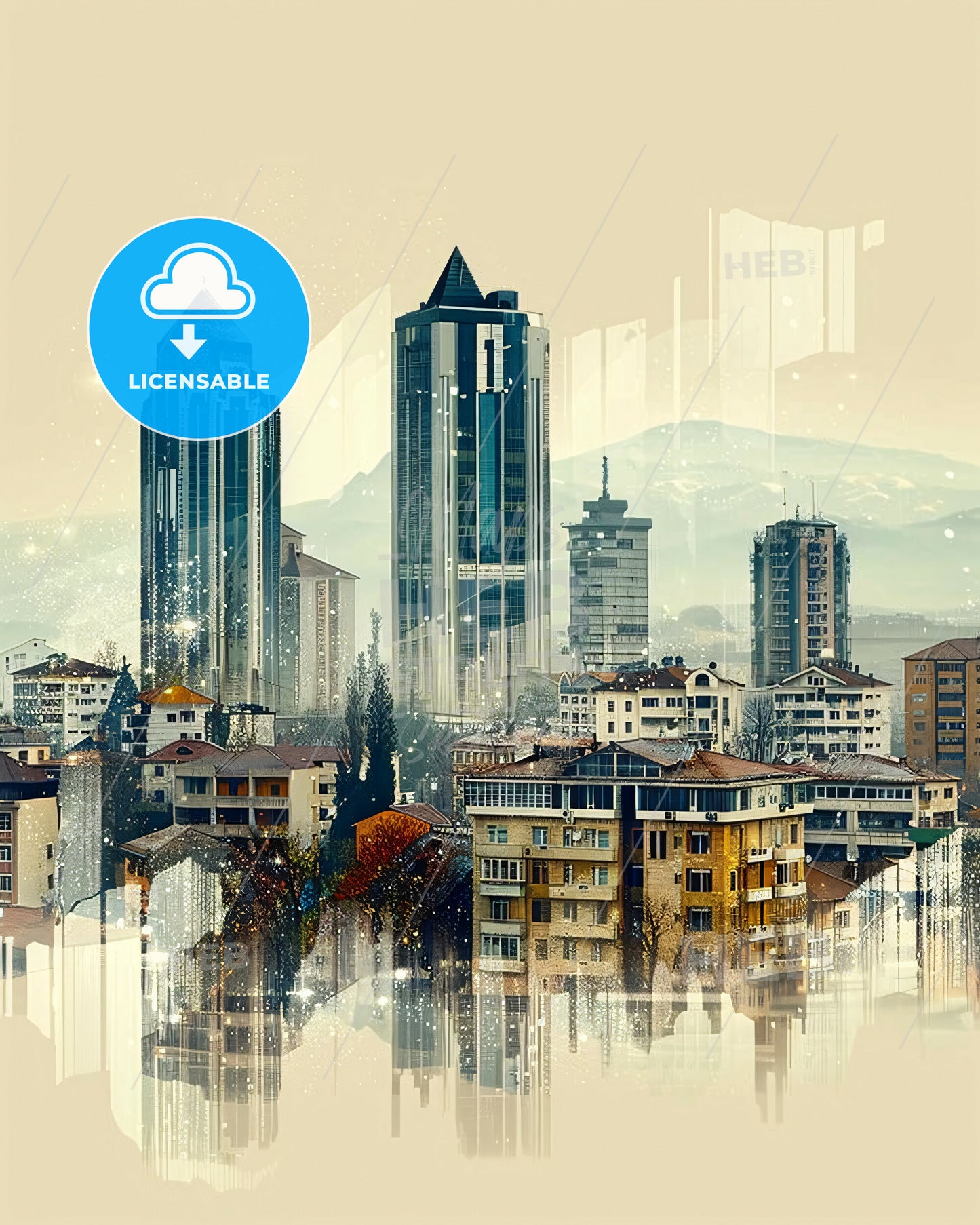 Gniljane Poster Bright Cityscape Skyline Minimalistic - A city skyline with many tall buildings