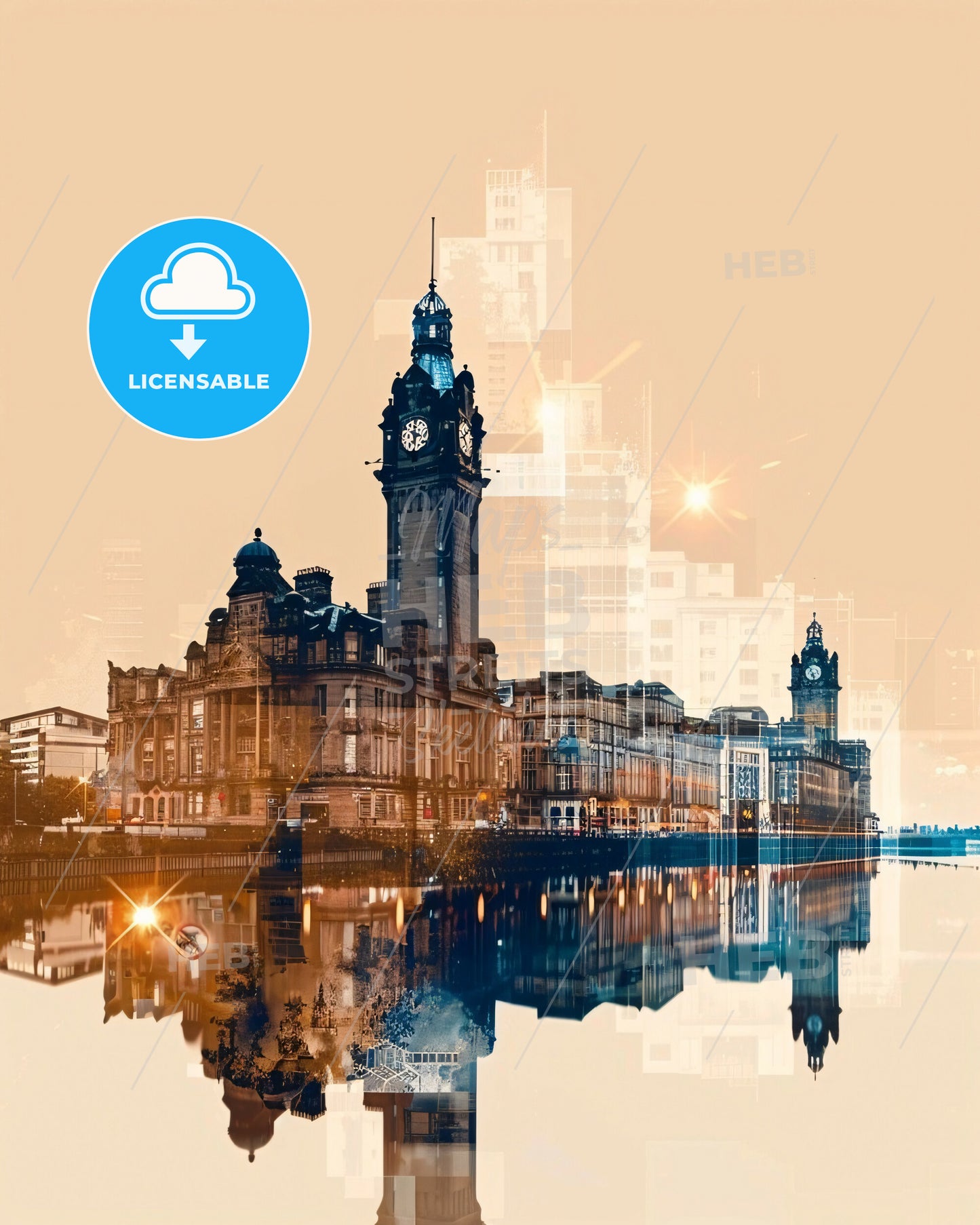 Glasgow Skyline Double Exposure Poster Art - A city with a clock tower and a river