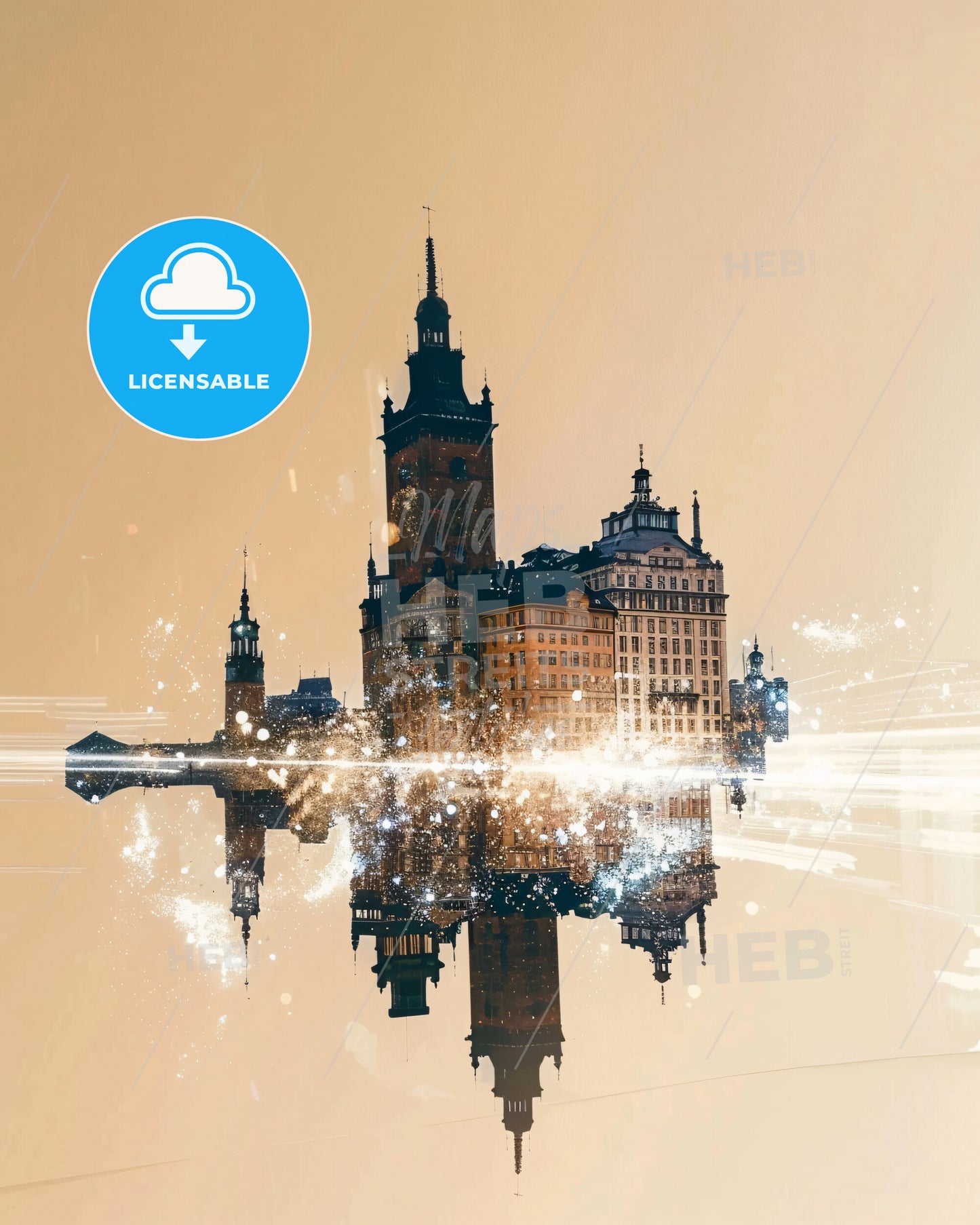 Gothenburg City Fusion Panorama Poster Design - A building with a tower and a tower on the water