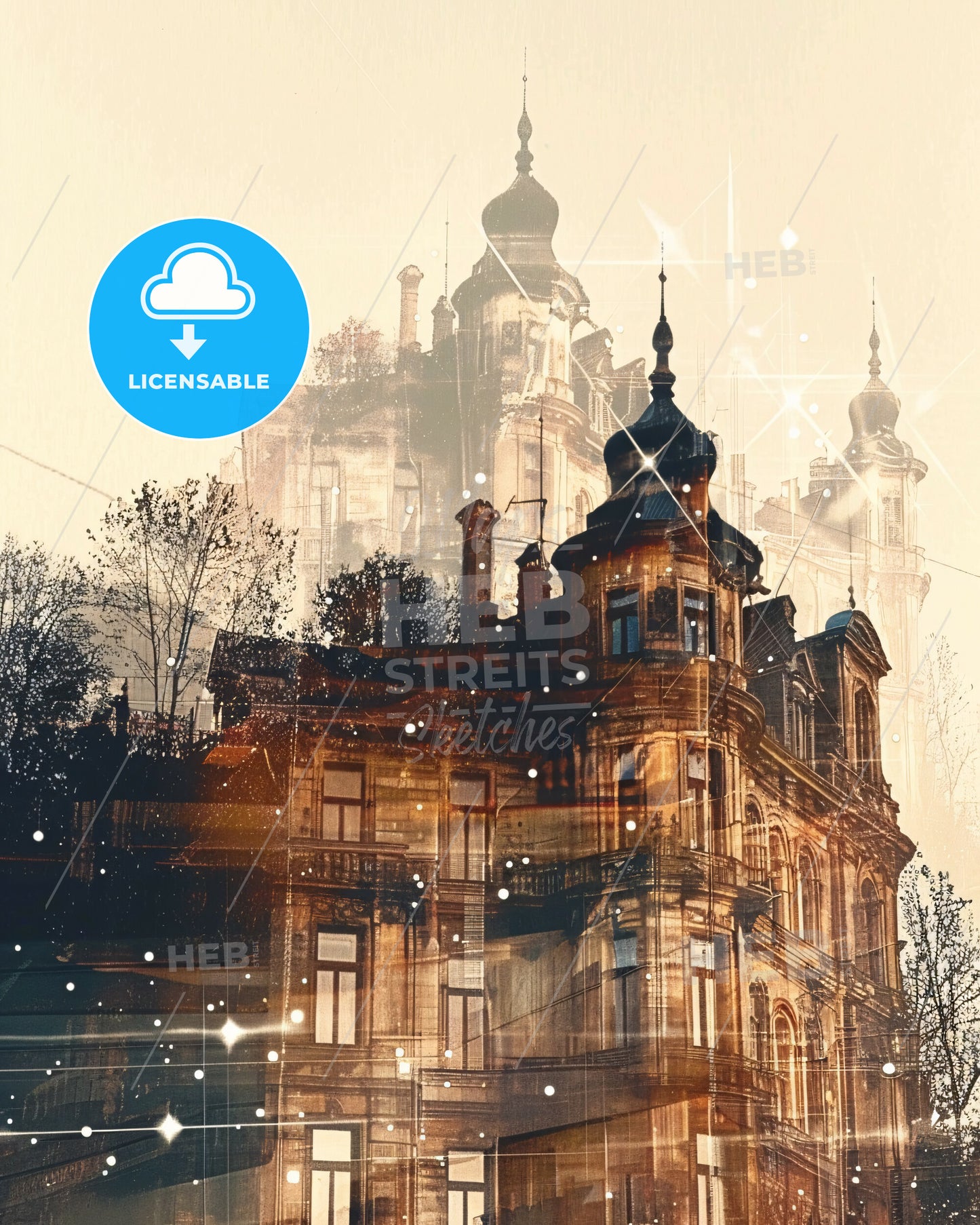 Graz's Skyline Composite Art on Beige - Akshardham with many windows