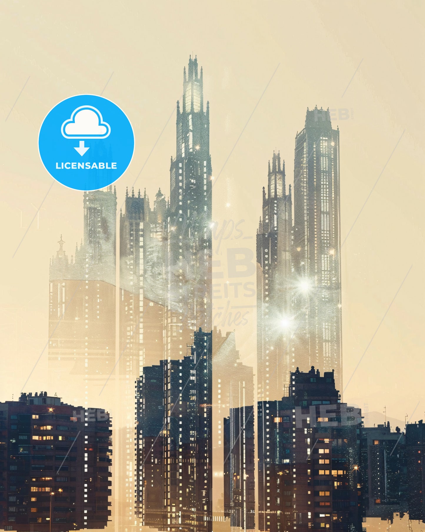 Gràcia City Art Skyline, Poster With Beige Background - A city skyline with many tall buildings