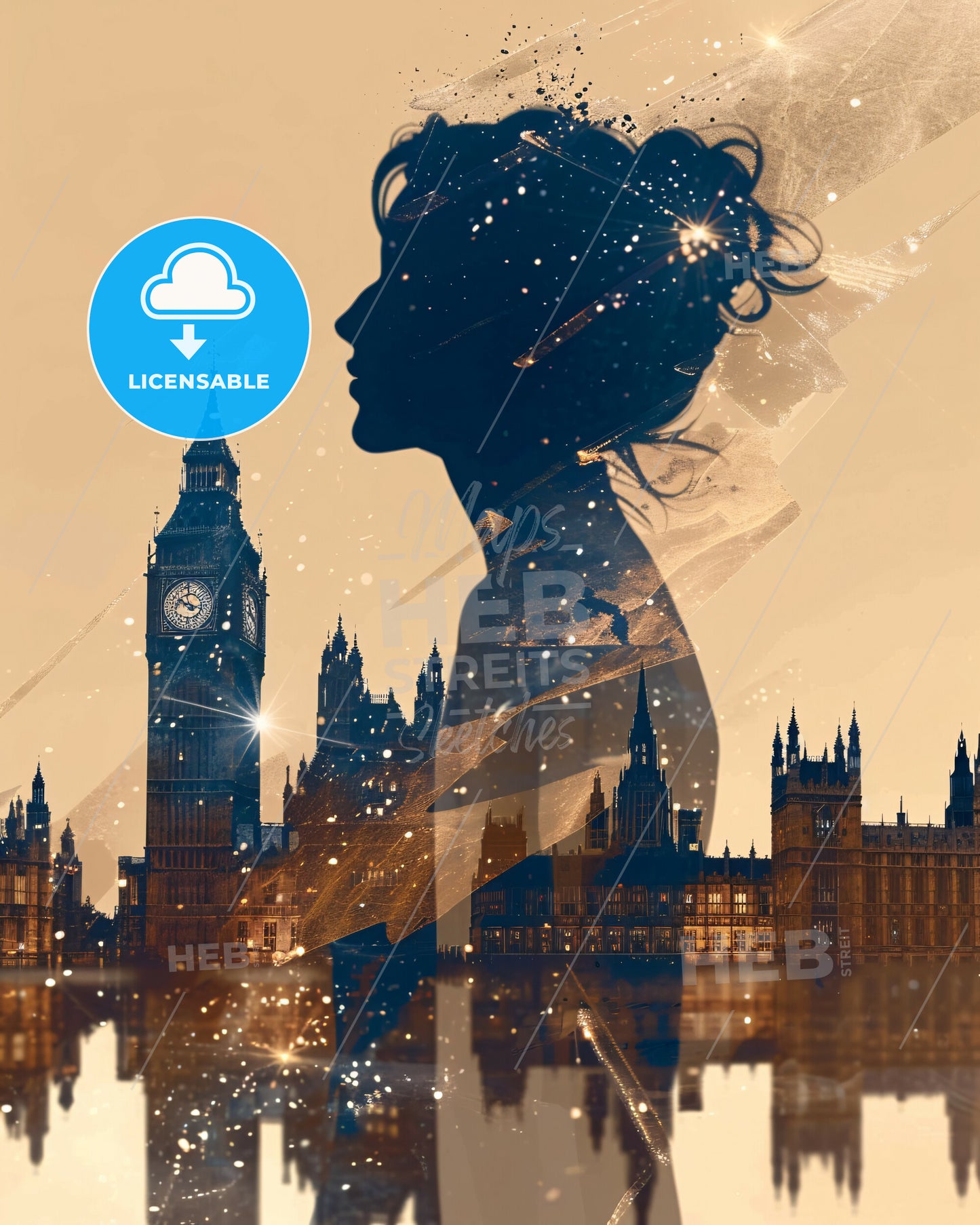 Great Britain Skyline Inspired Double Exposure Art - A silhouette of a woman and a city